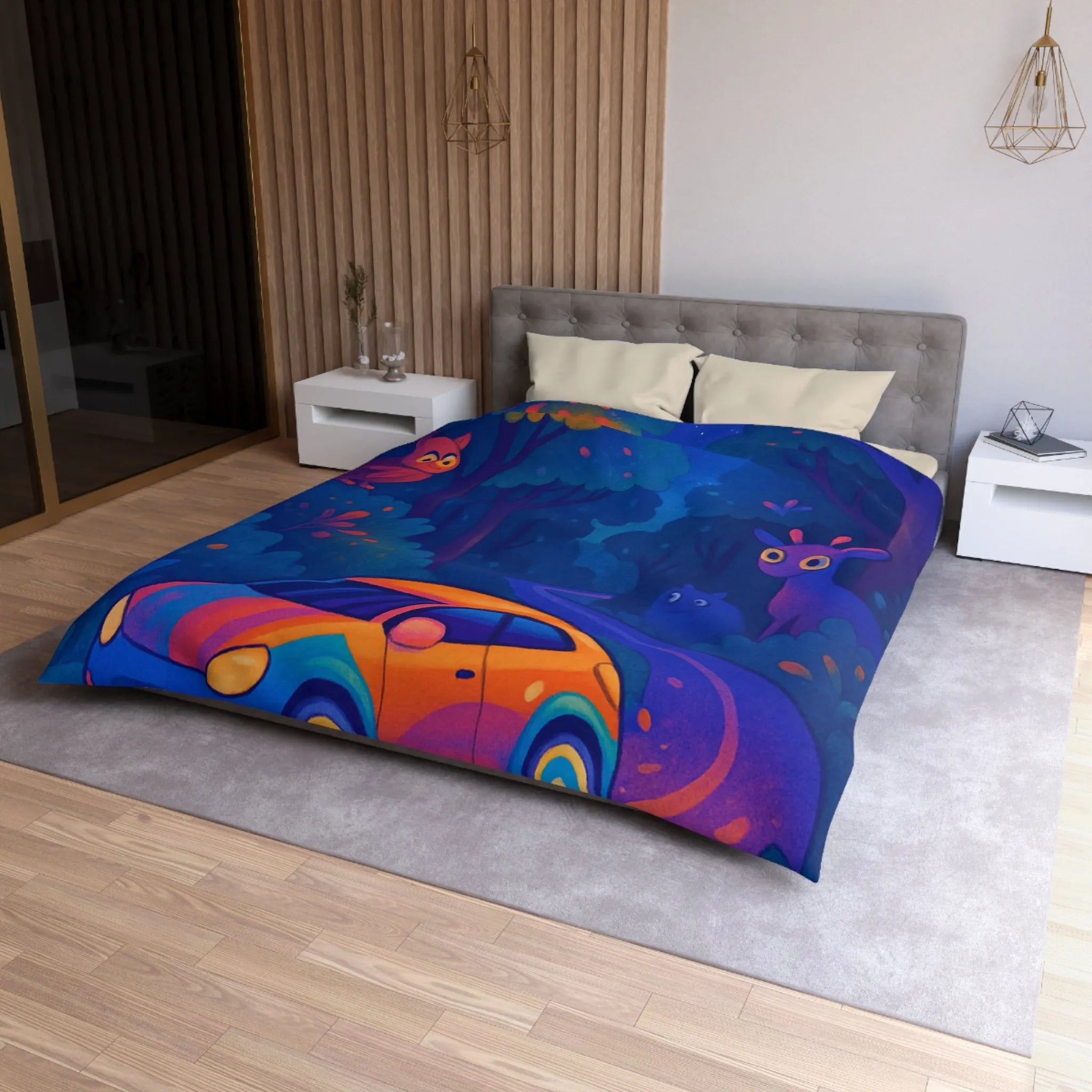 Housse de couette forêt magique avec voiture et animaux, ambiance nocturne colorée fantastique