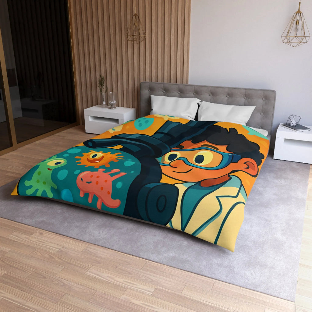 Housse de couette colorée avec jeunes scientifiques et microscope amusant pour enfants