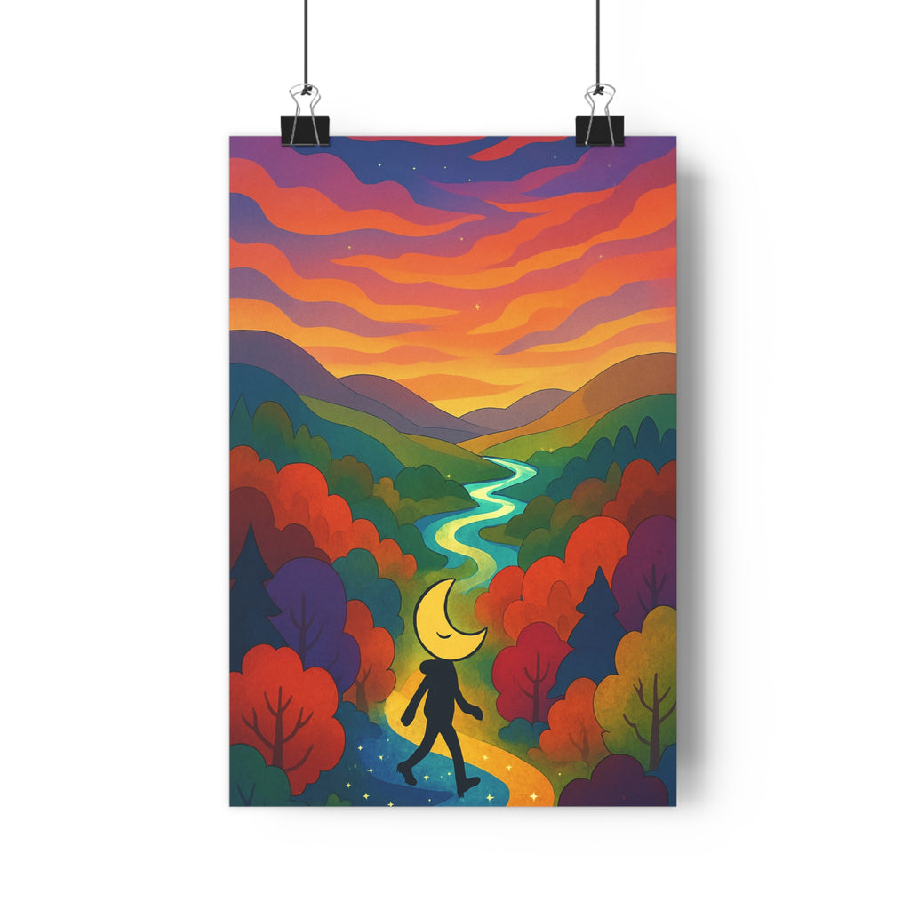 Poster décoratif fantaisie croissant lune étoilé forêt rouge orange violet salon magique qualité premium