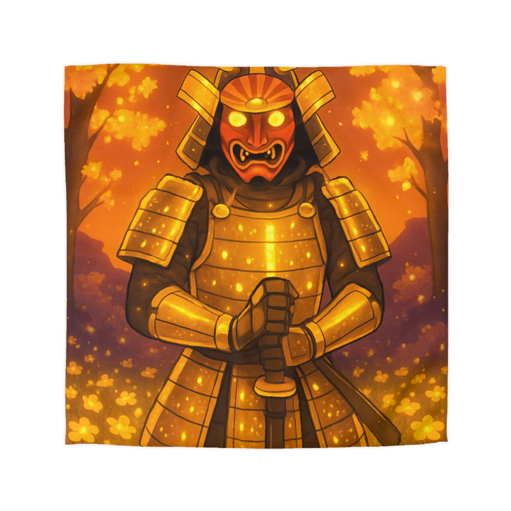 Housse de couette samouraï doré dans forêt magique, ambiance légendaire pour chambre zen