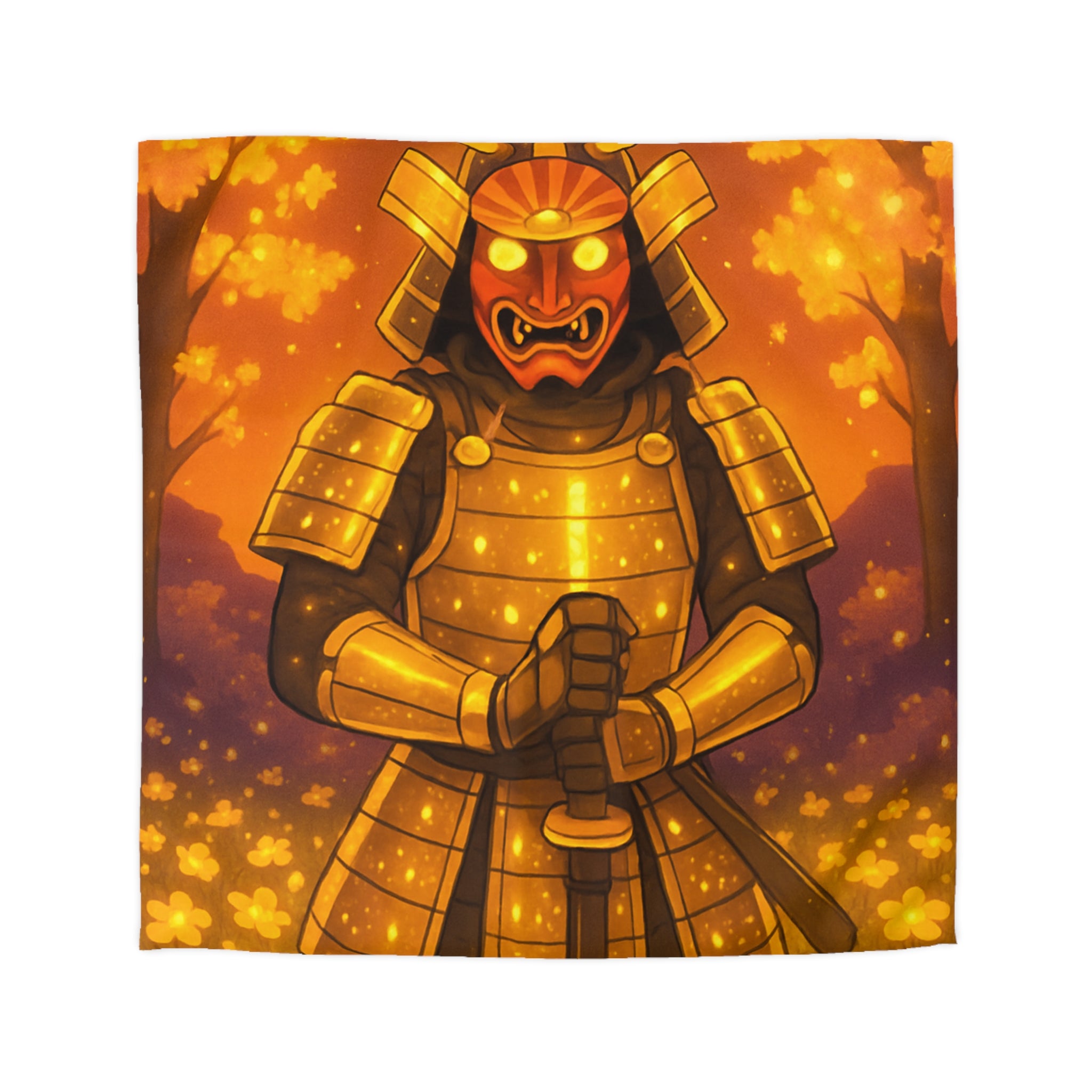 Housse de couette samouraï doré dans forêt magique, ambiance légendaire pour chambre zen