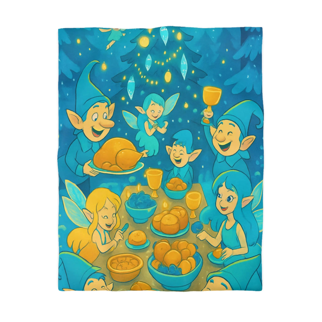 Housse de couette festive de lutins célébrant autour d'un sapin de Noël lumineux