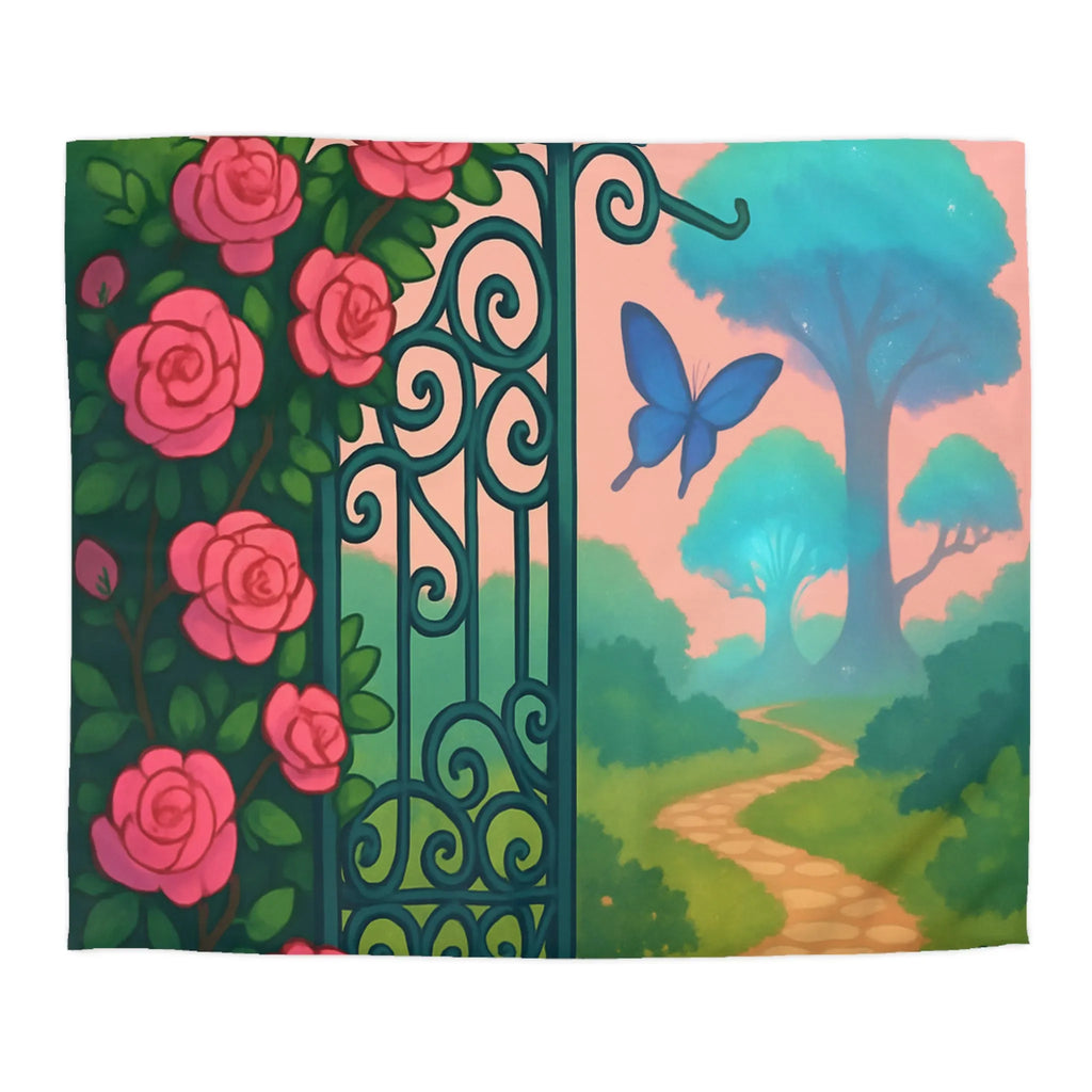 Belle housse de couette féerique avec portail fleuri et papillons colorés, jardins enchanteurs