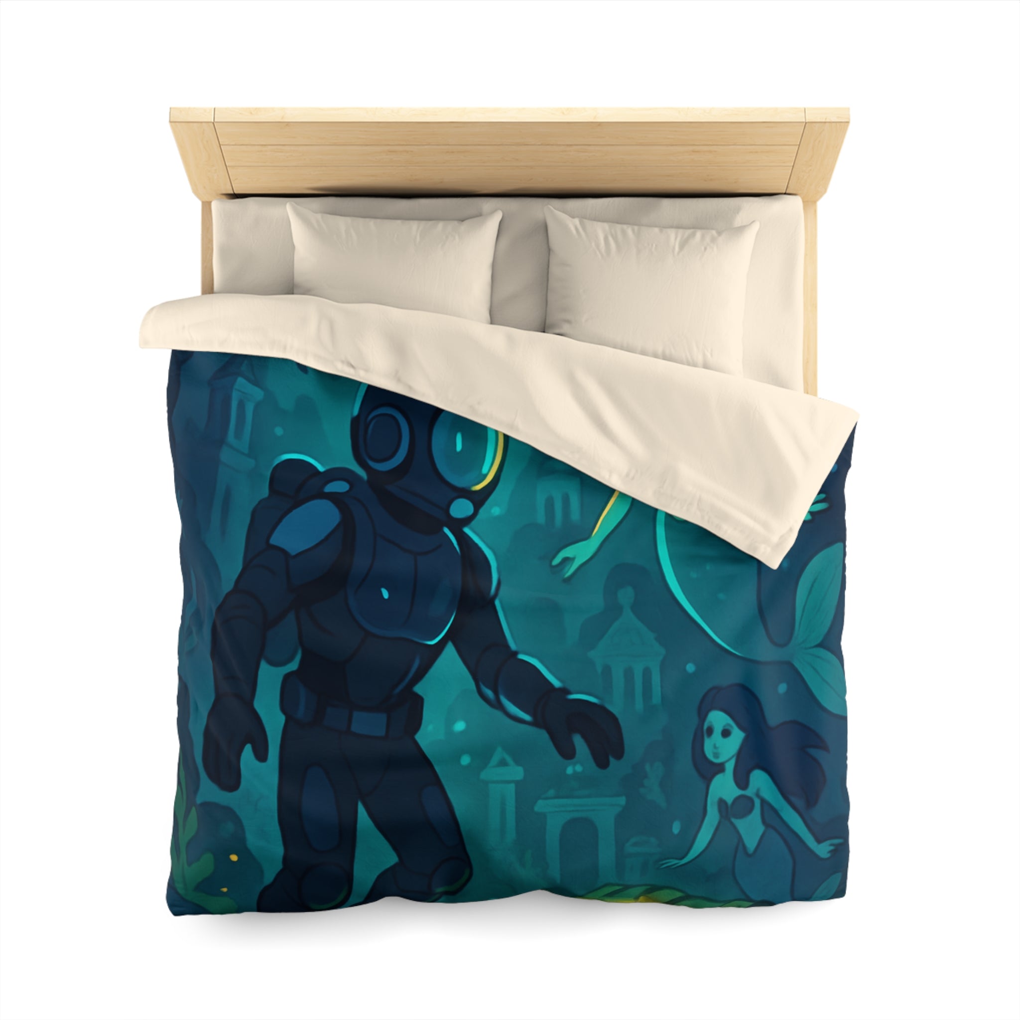 Housse de couette sirène océan magique avec plongeur et trésor lumineux