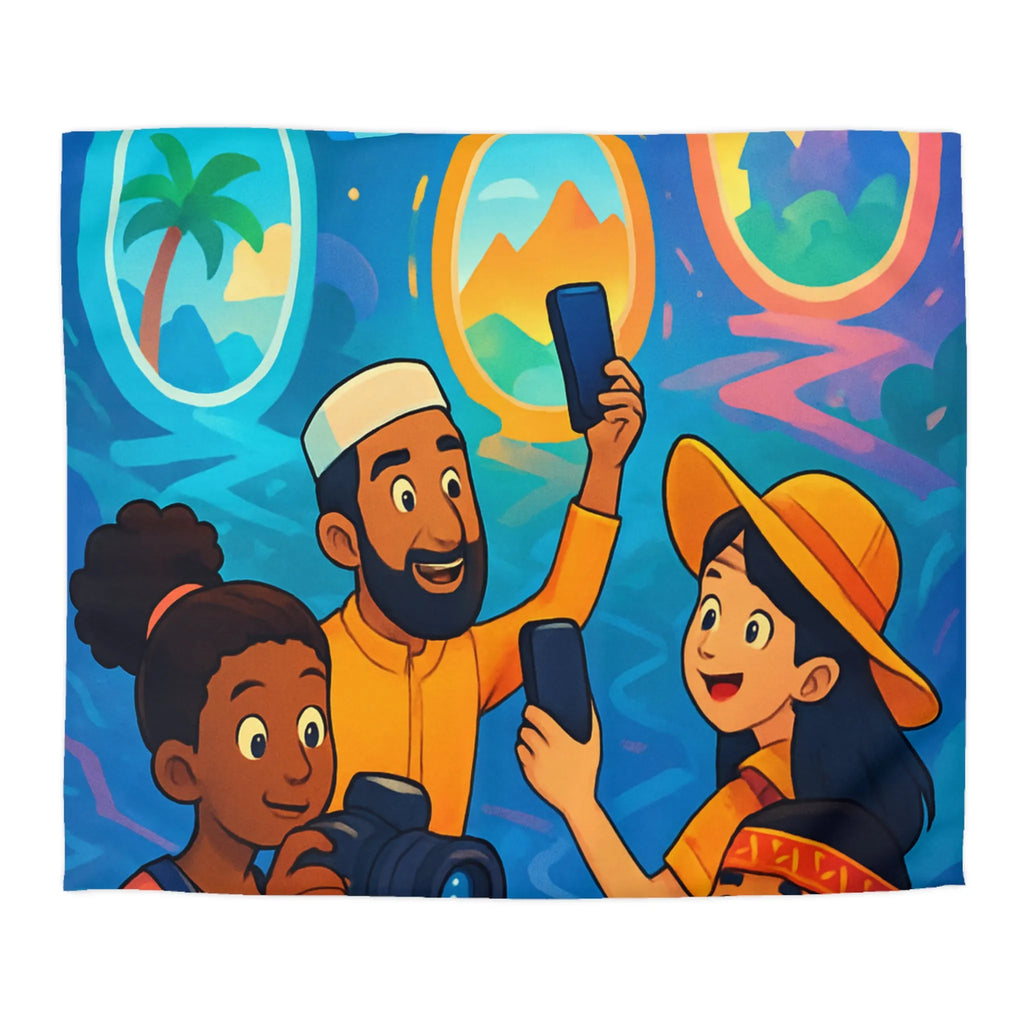 Housse de Couette Illustrée avec Voyageurs et Portails Colorés Scènarisant Destinations de Rêve