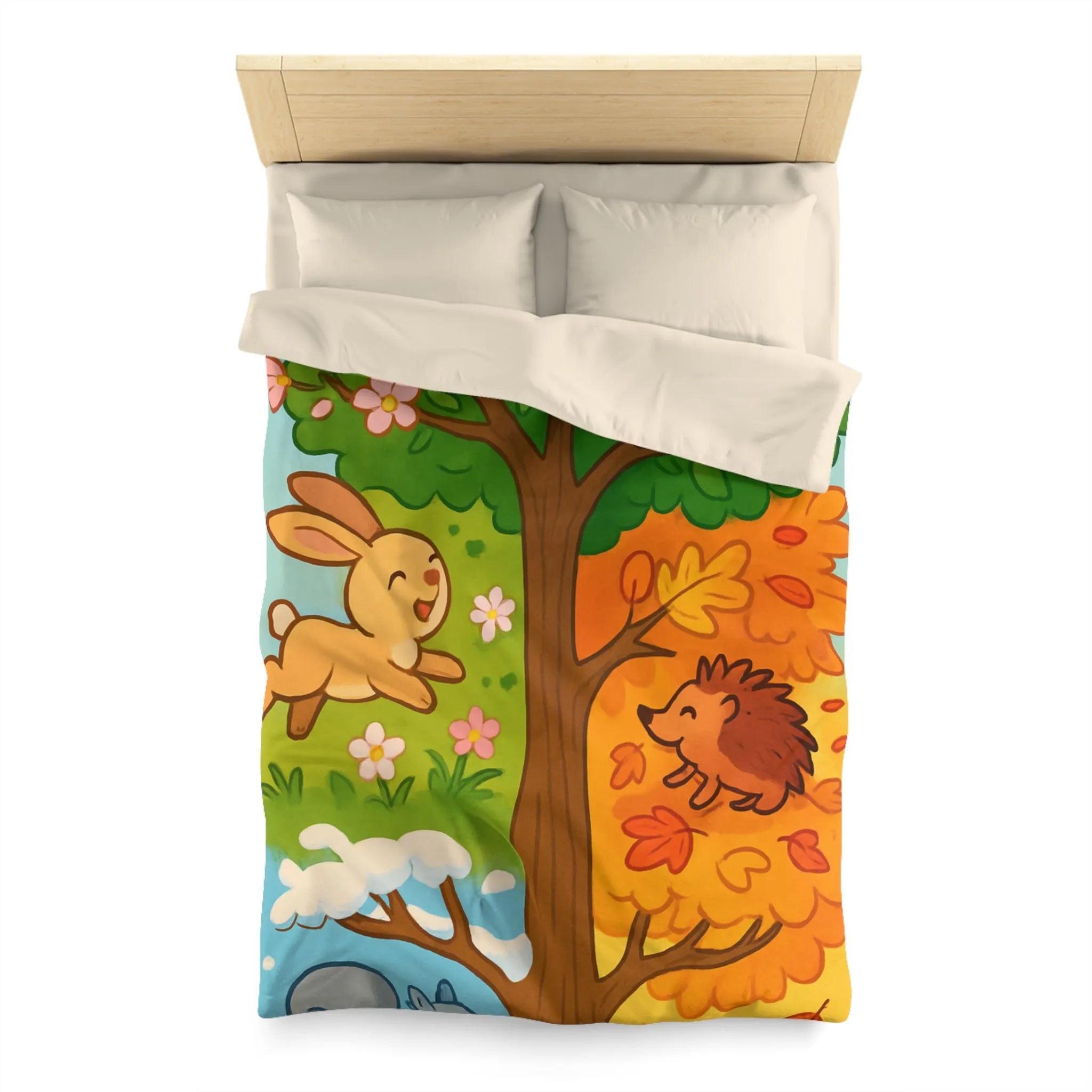 Housse de couette imprimée animaux des quatre saisons avec arbre coloré, nature joyeuse