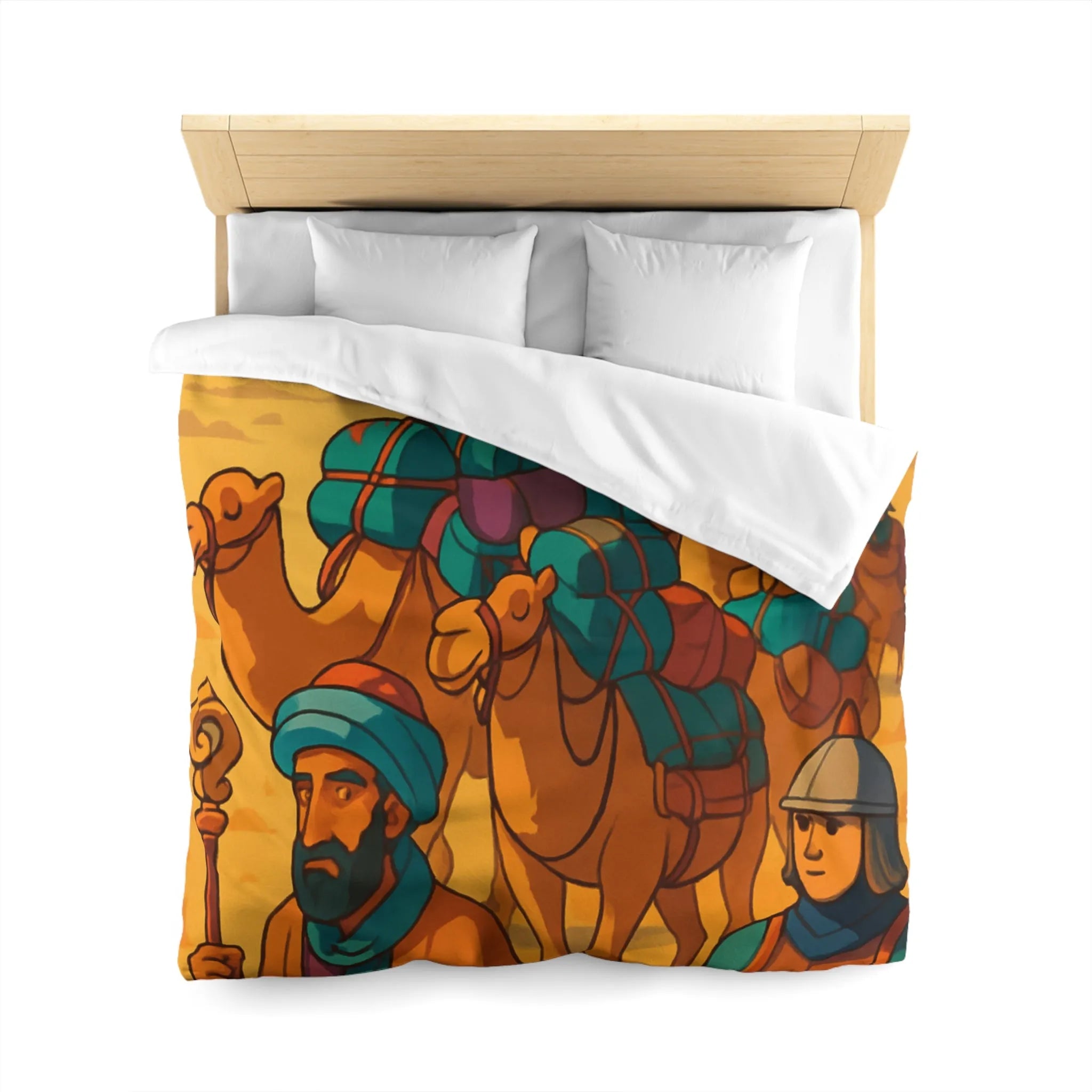 Housse de couette avec caravane de chameaux traversant un désert montagneux en arrière-plan