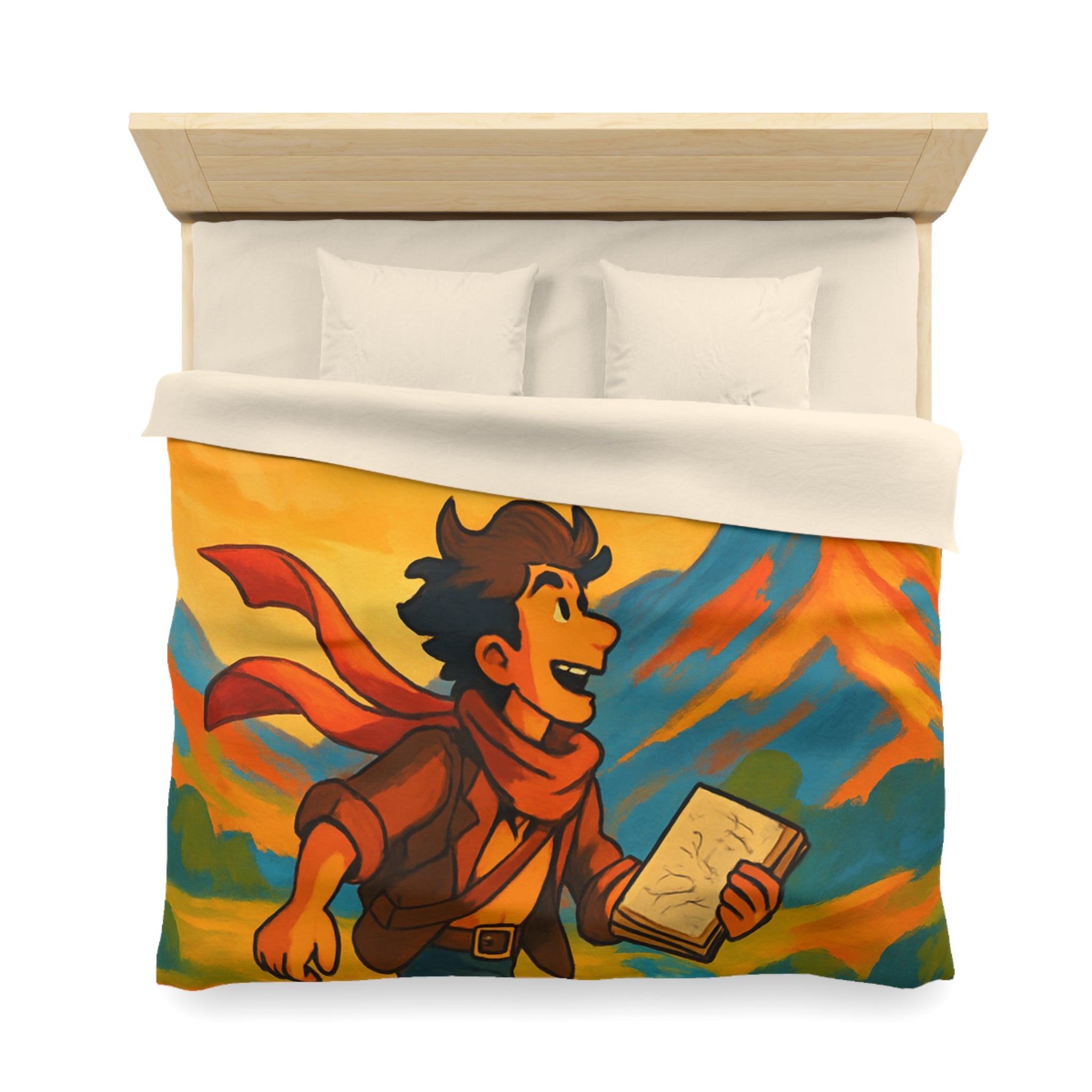 Housse de couette vibrante avec illustration de paysage montagnard et artiste joyeux