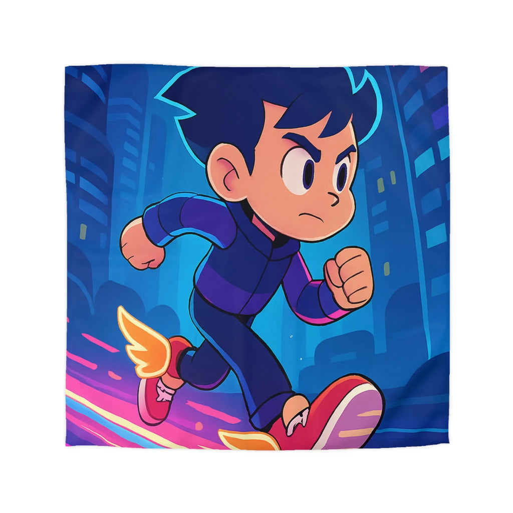 Housse de couette dynamique avec personnage animé courant dans ville futuriste nocturne