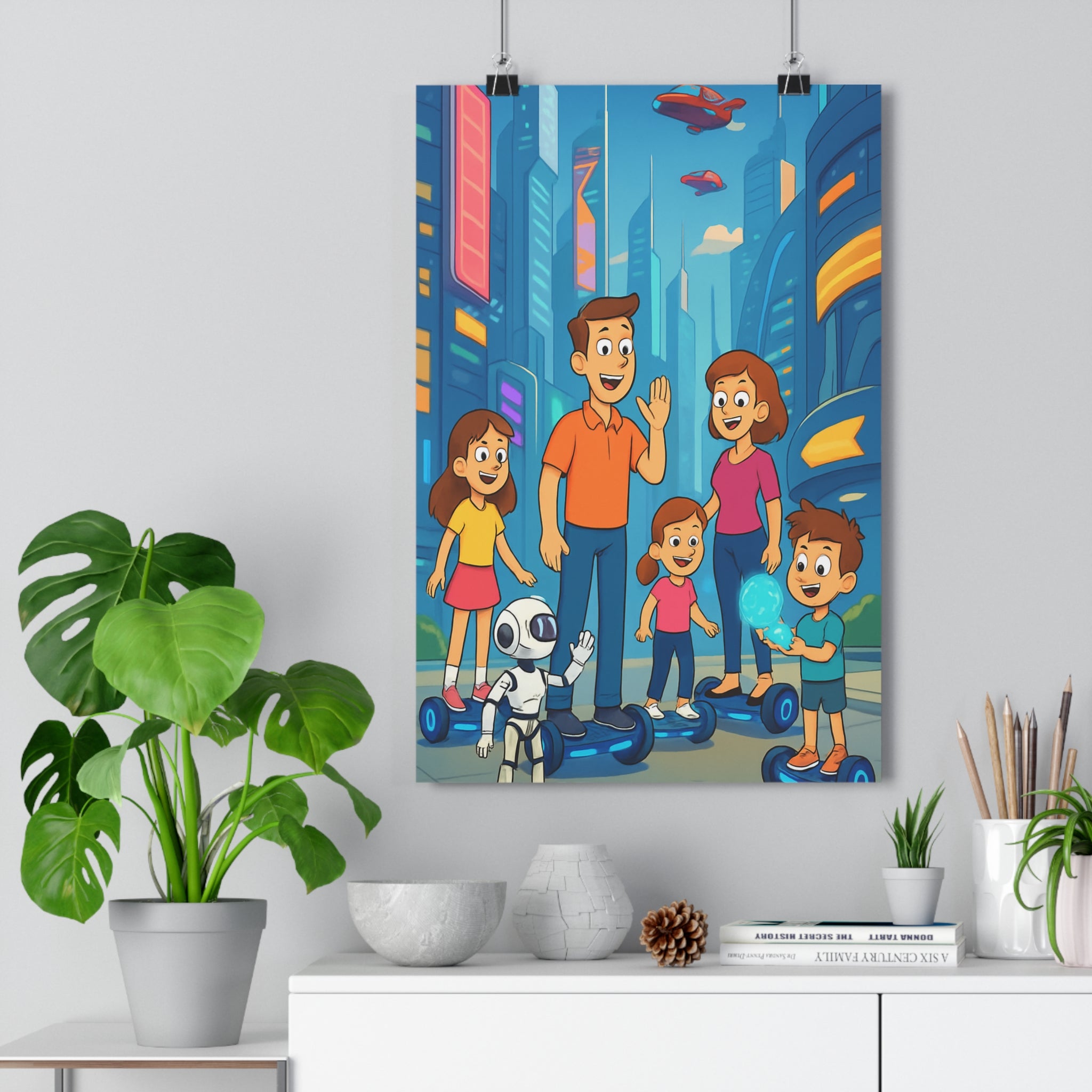Poster décoratif futuriste famille joyeux ville moderne joyeuse couleurs vives chambre enfant tendance animation