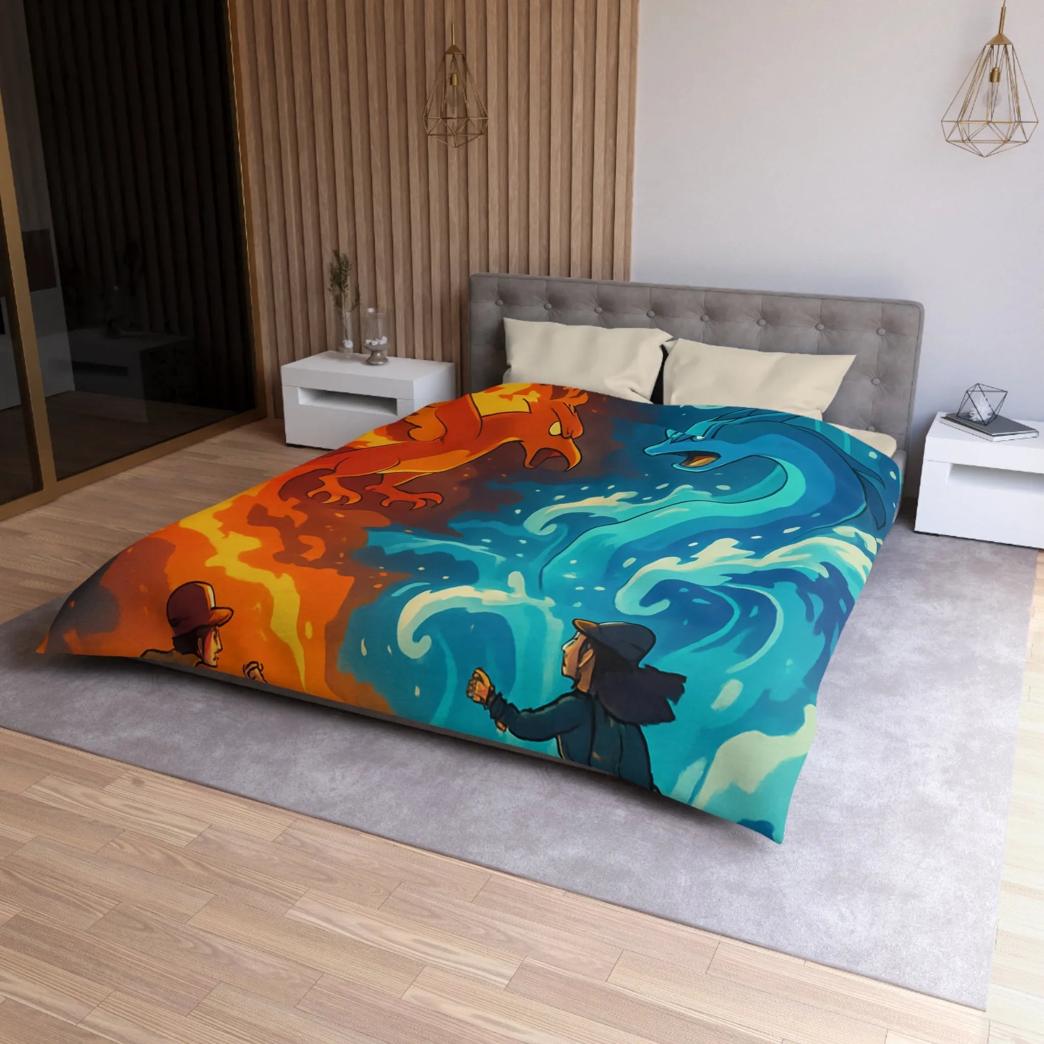 Housse de couette aventure épique avec créatures de feu et glace légendaires en duel