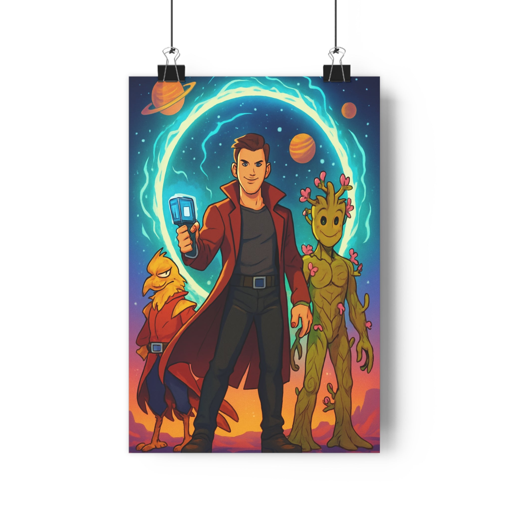 Poster décoratif lumineux aventure homme rouge créature jaune arbre fleurs espace salon chambre qualité