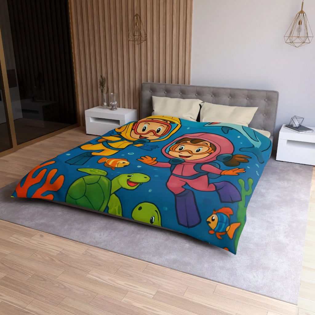 Housse de couette ludique pour enfant avec plongeurs et animaux marins multicolores