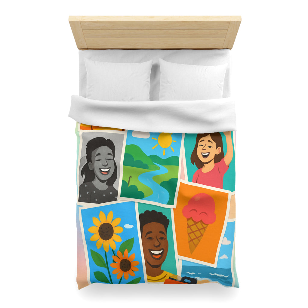 Vibrante housse de couette colorée avec portraits joyeux et paysages ensoleillés pour chambre