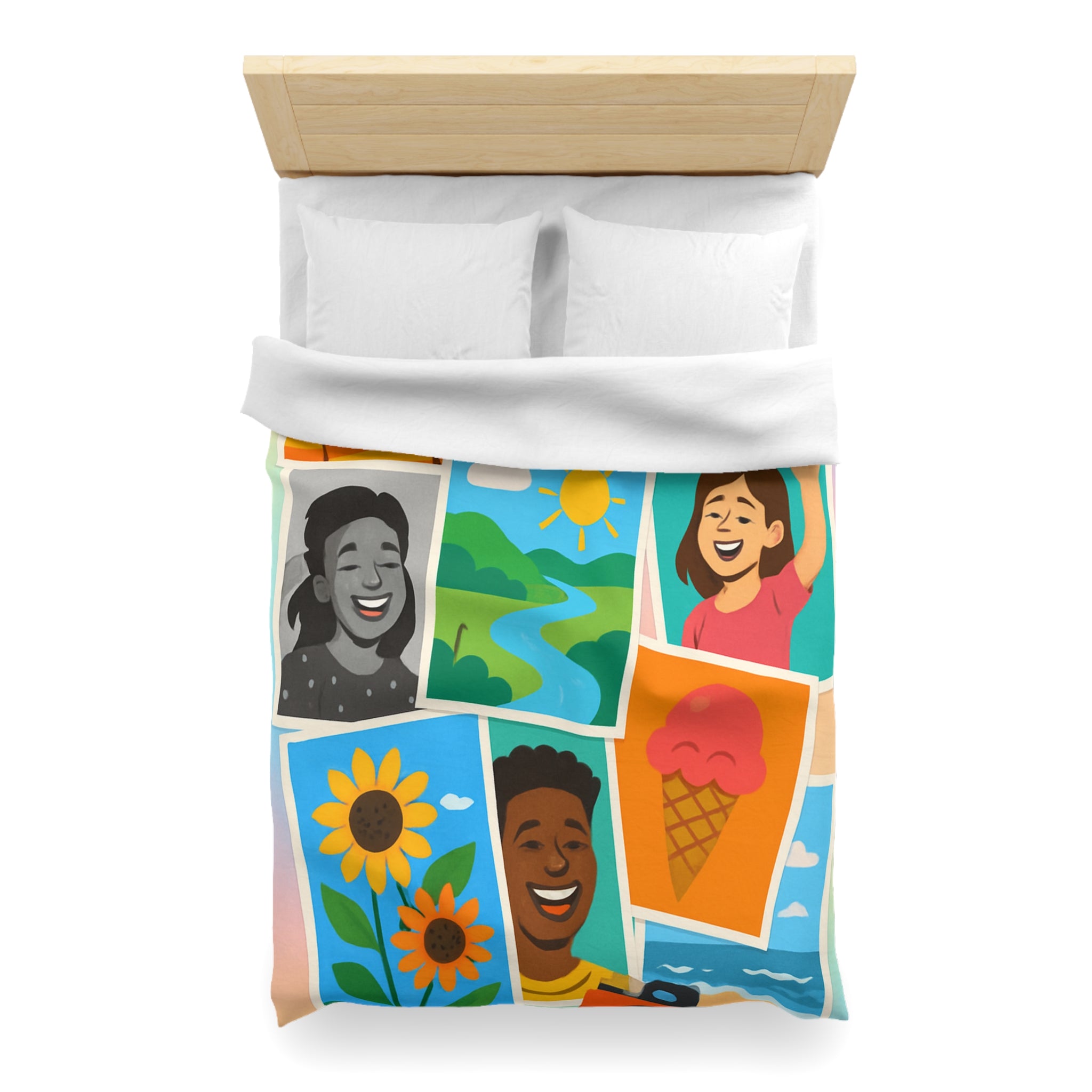 Vibrante housse de couette colorée avec portraits joyeux et paysages ensoleillés pour chambre