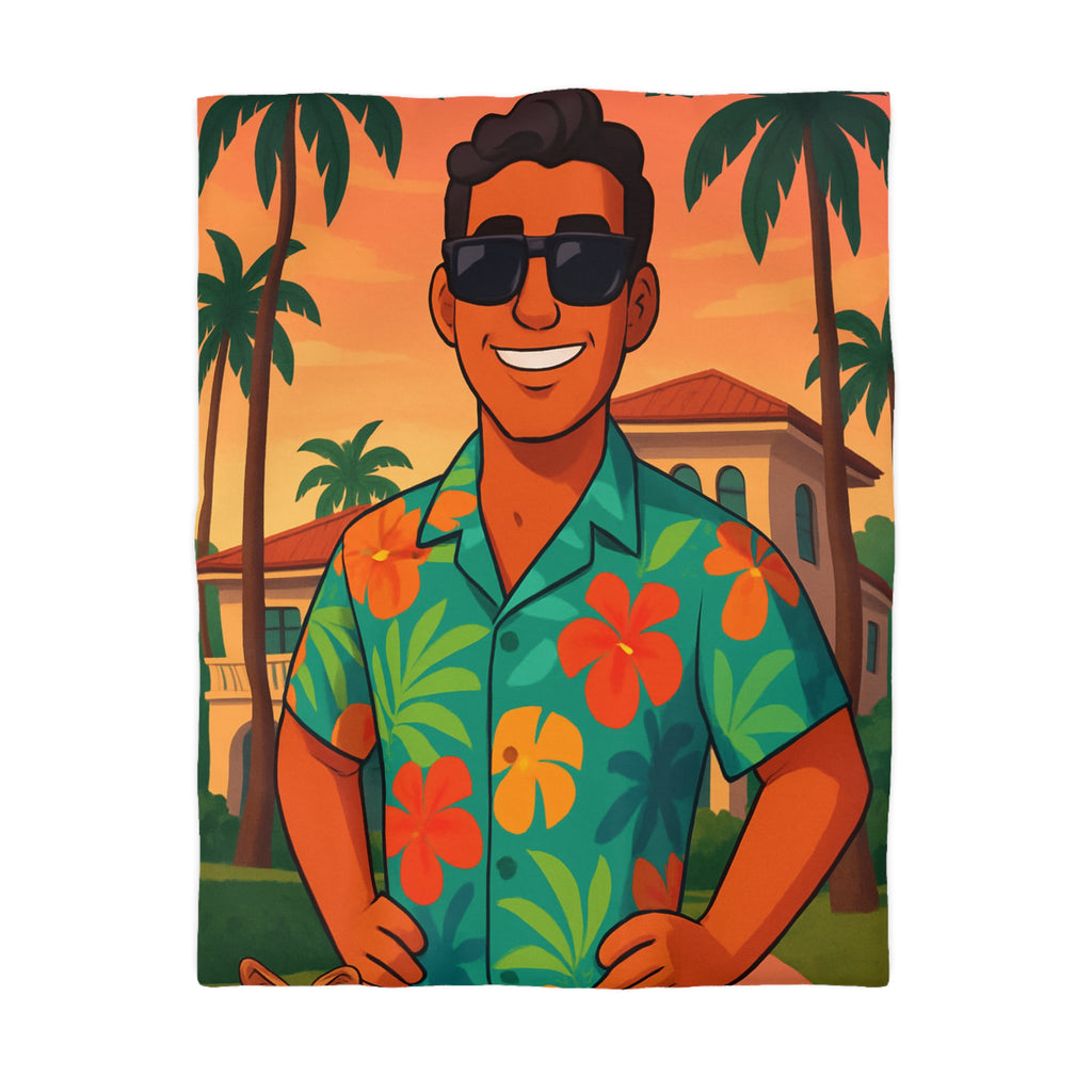 Housse de couette tropicale avec personnage souriant en chemise hawaïenne et palmiers