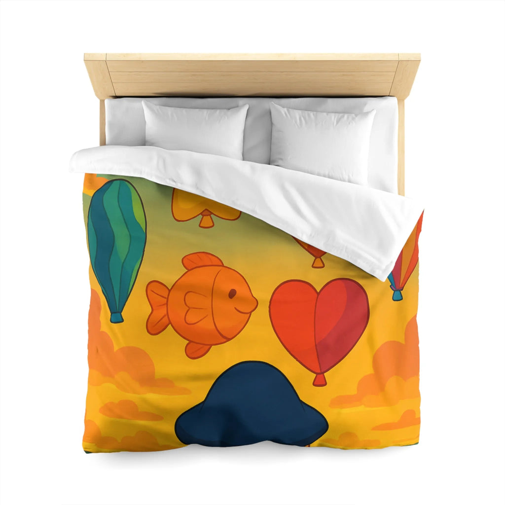 Housse de couette enfant avec montgolfières colorées et paysage au coucher du soleil