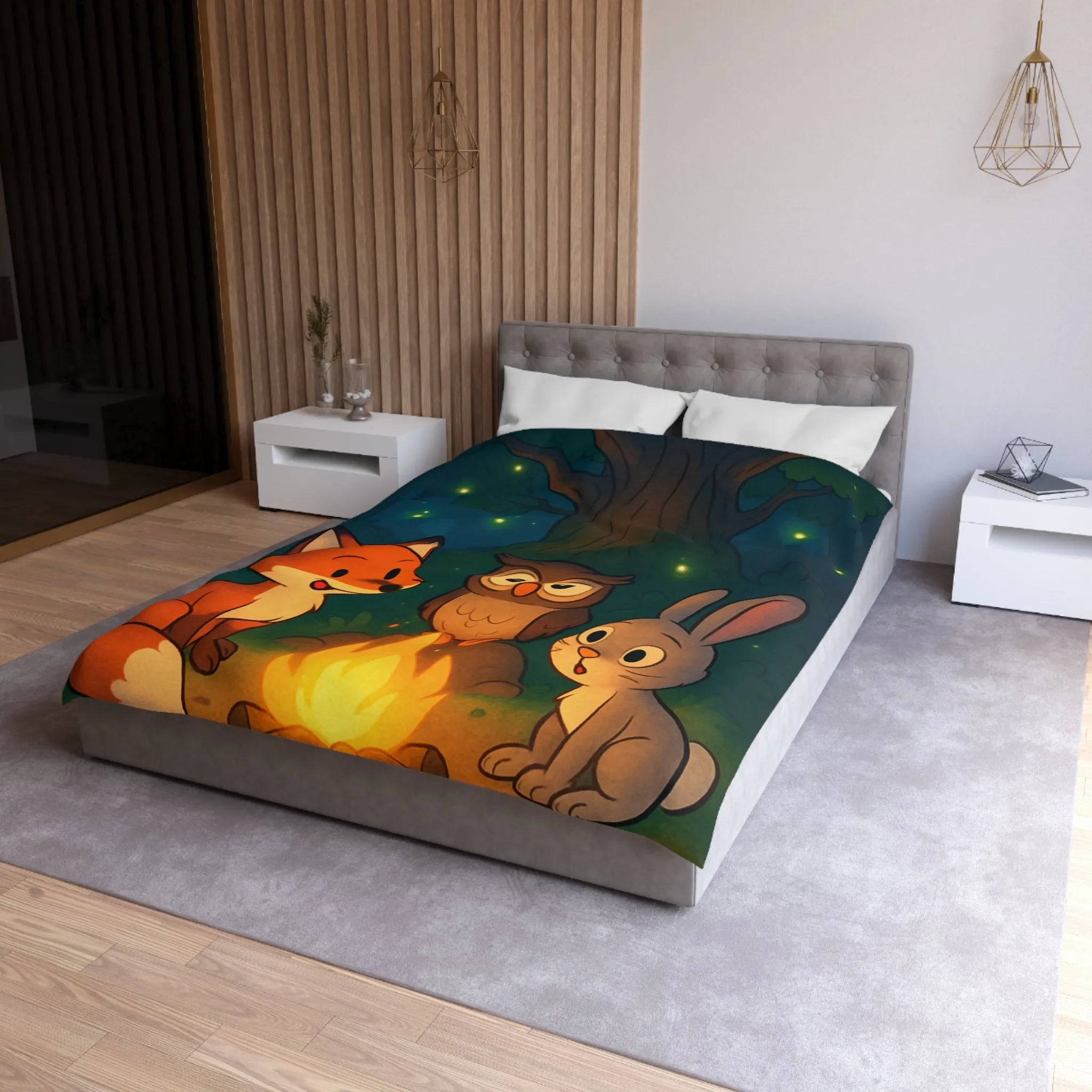 Housse de couette forêt mystique animaux autour du feu sous ciel étoilé magique