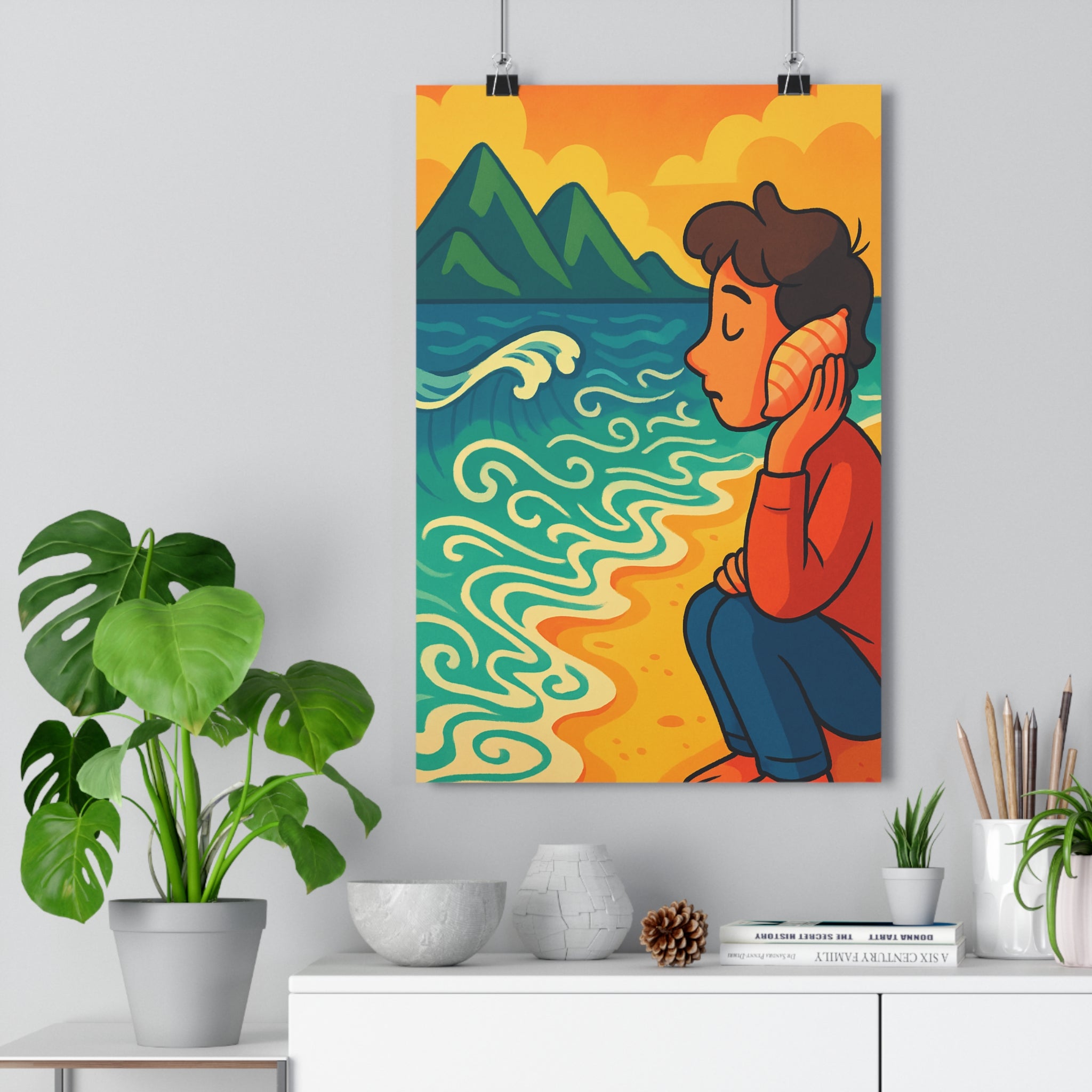 Poster décoratif aquarelle bleu orange vert sérénité contemplatif salon chambre murale artistique relaxant élégant