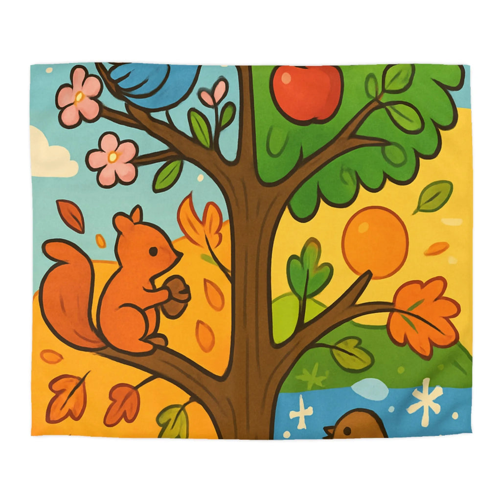 Housse de couette illustrée de l'arbre des quatre saisons avec nature et faune