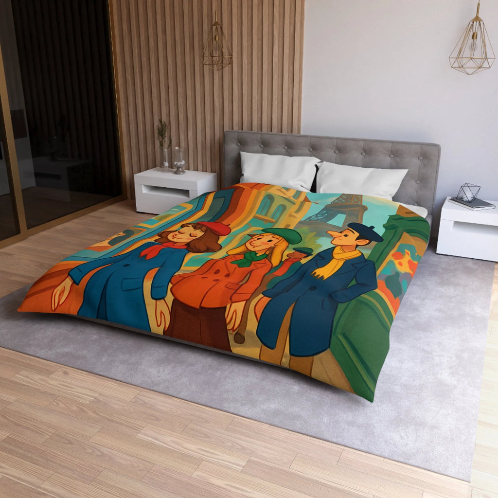 Housse de couette illustrée Paris promenade style rétro avec amis et Tour Eiffel