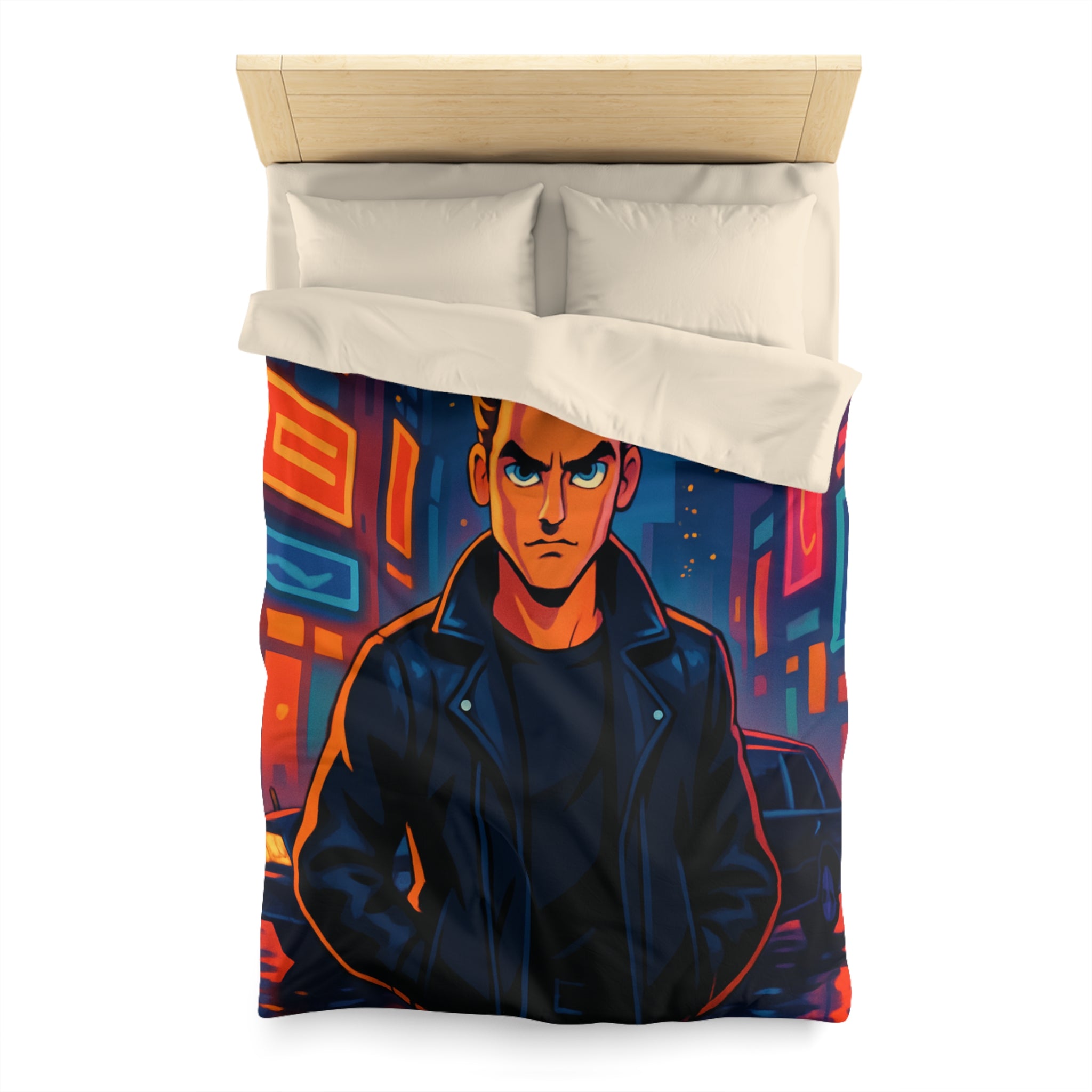 Housse de couette style rétro avec personnage en ville lumineuse sous pleine lune