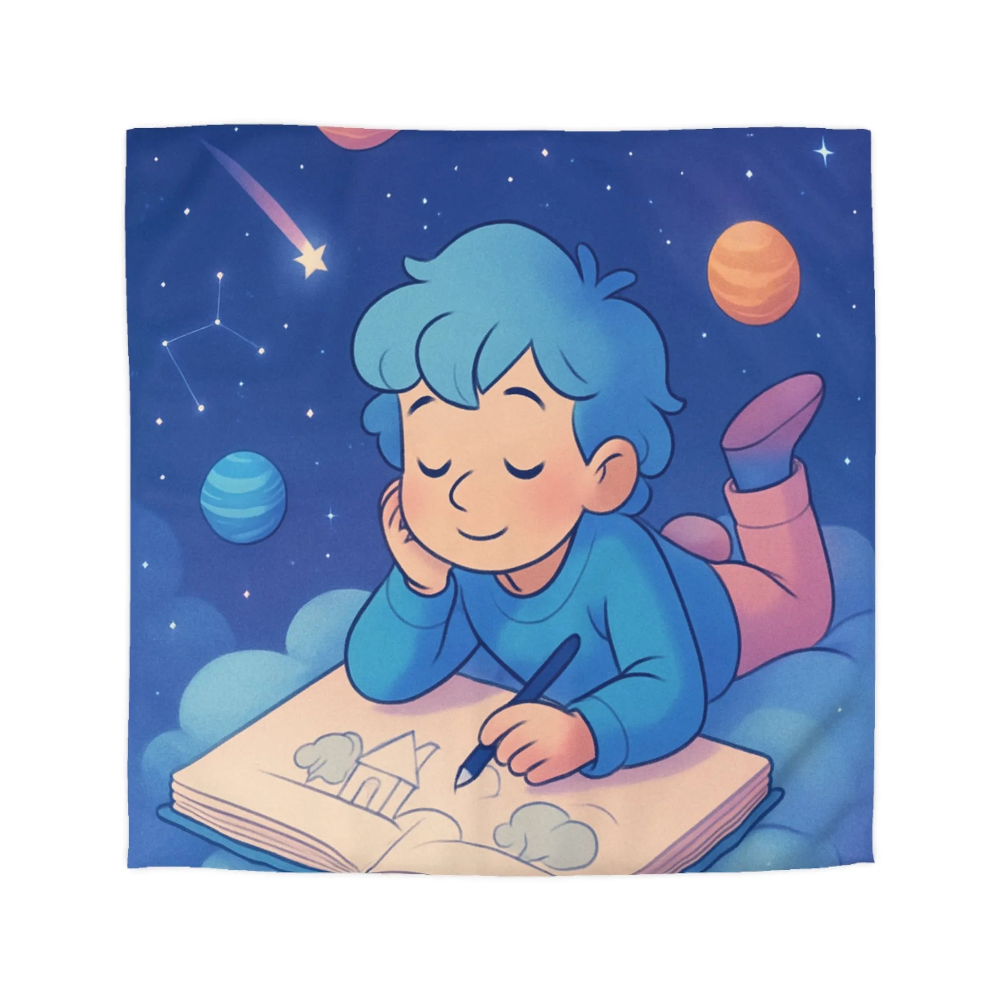 Housse de couette enfant rêve étoilé avec cosmos et garçon sur nuage