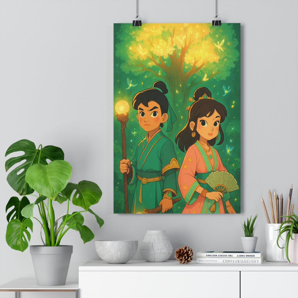 Poster décoratif fantasy anime lumineux magique vert doré salon bureau ambiance apaisante enfants qualité