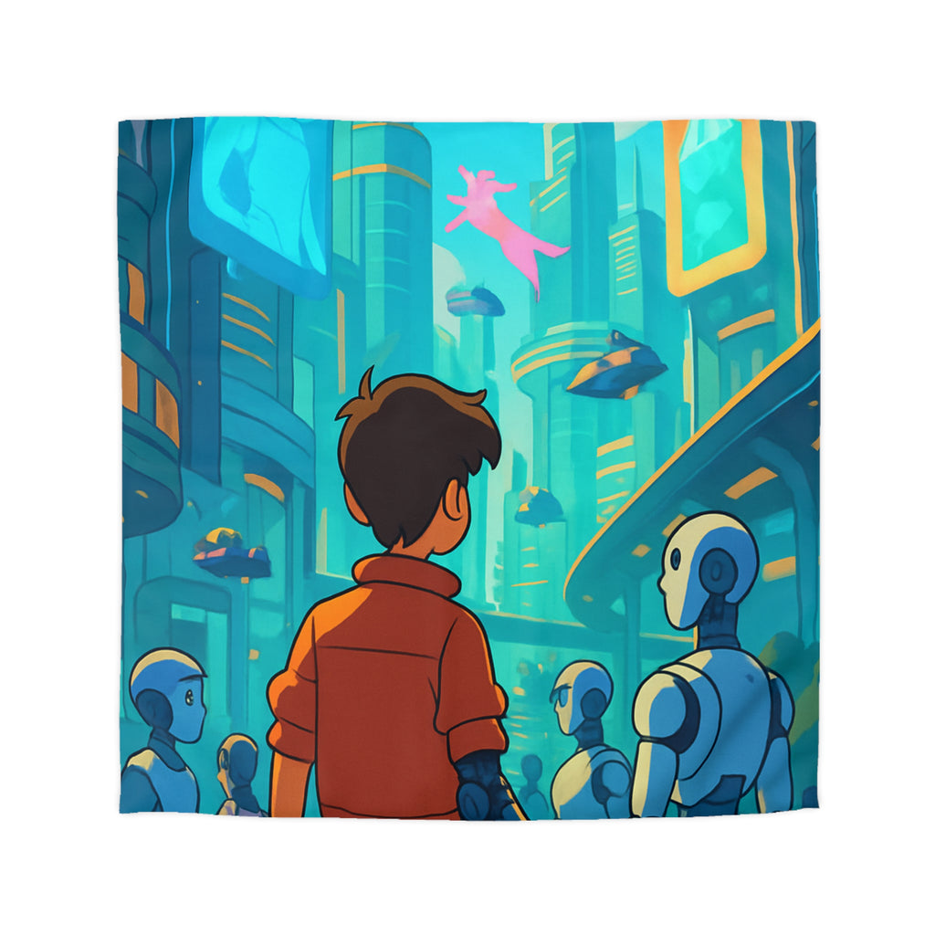 Housse de couette urbaine futuriste avec robots et affiches lumineuses pour chambre moderne