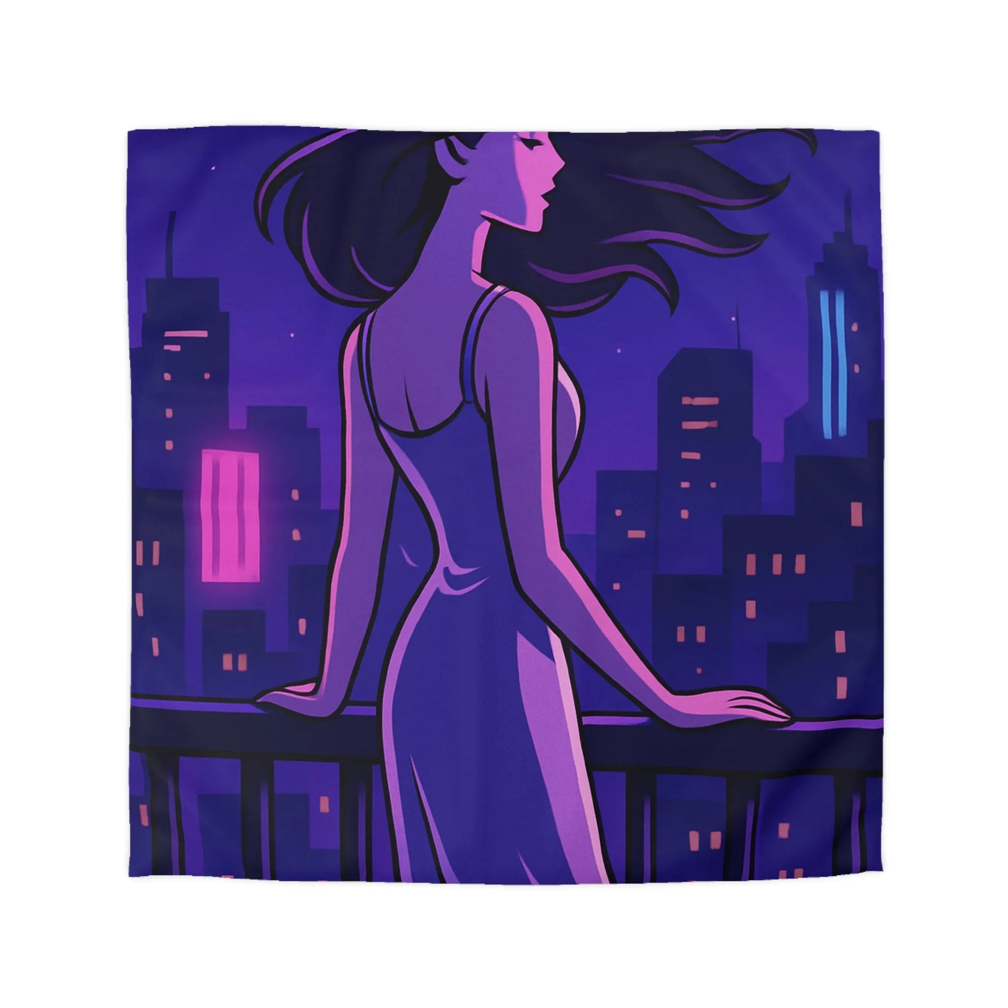 Housse de couette avec femme contemplant ville nocturne éclairée, style rétro futuriste animé