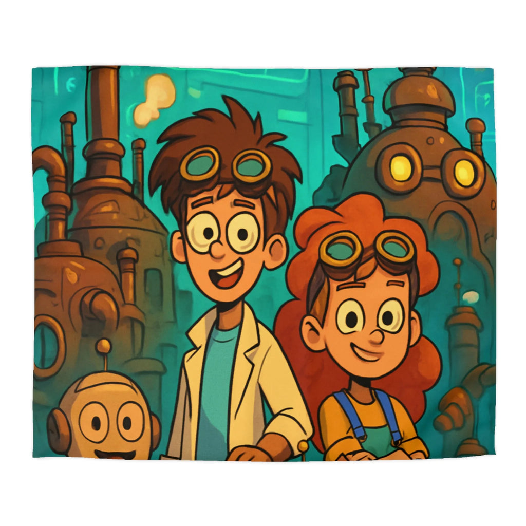 Exploration robotique en atelier steampunk coloré avec jeunes inventeurs et machines futuristes