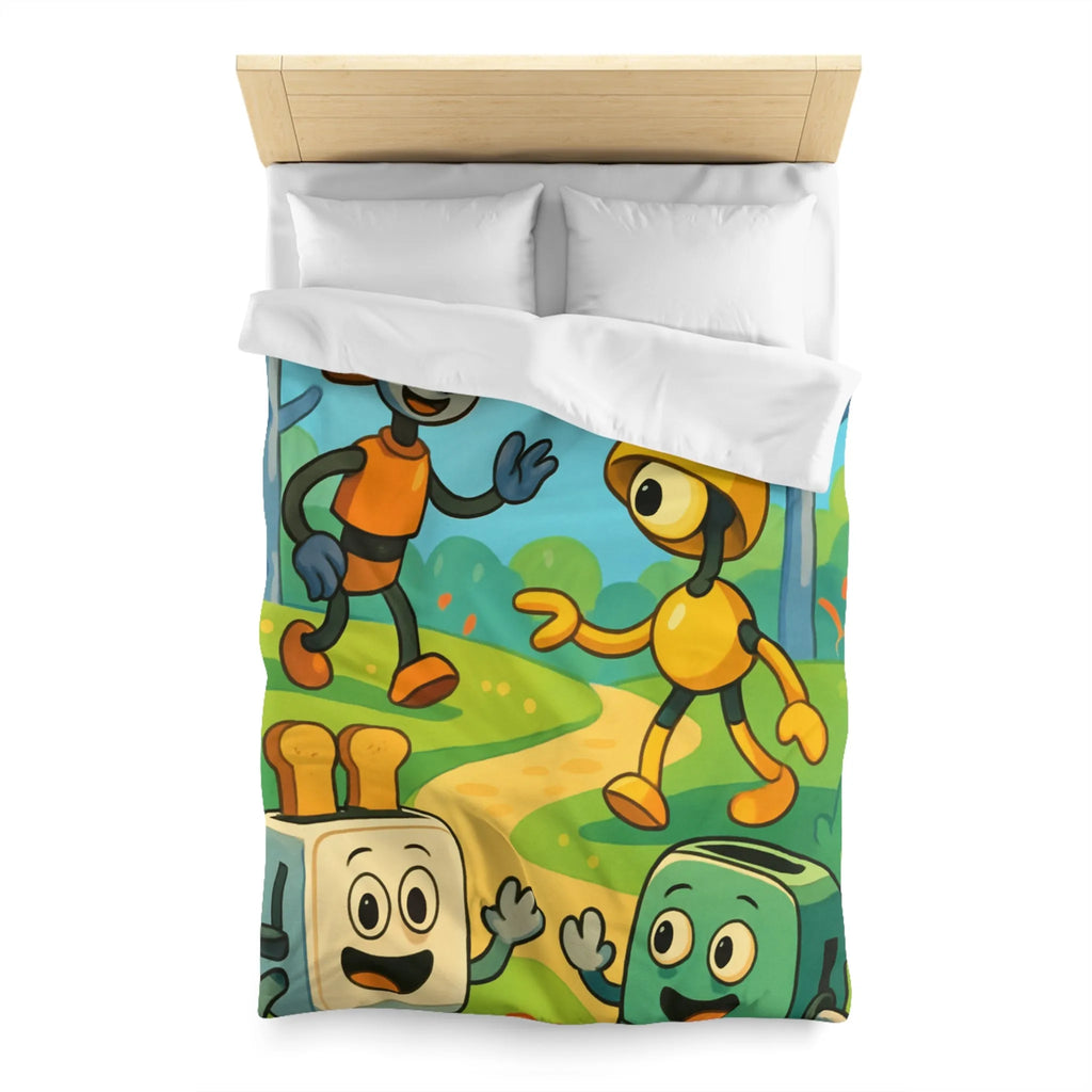 Housse de couette colorée avec robots joyeux et paysage forestier graphique