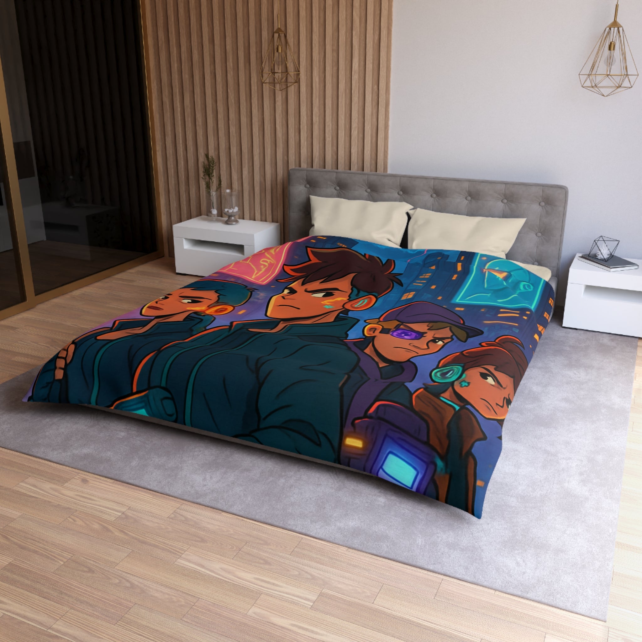 Housse de couette style rétro futuriste avec scène urbaine néon et personnages cyberpunk