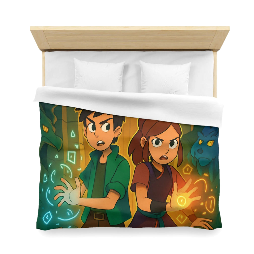 Housse de Couette Magique avec Enfants et Symboles Lumineux Devant un Portail Mystique