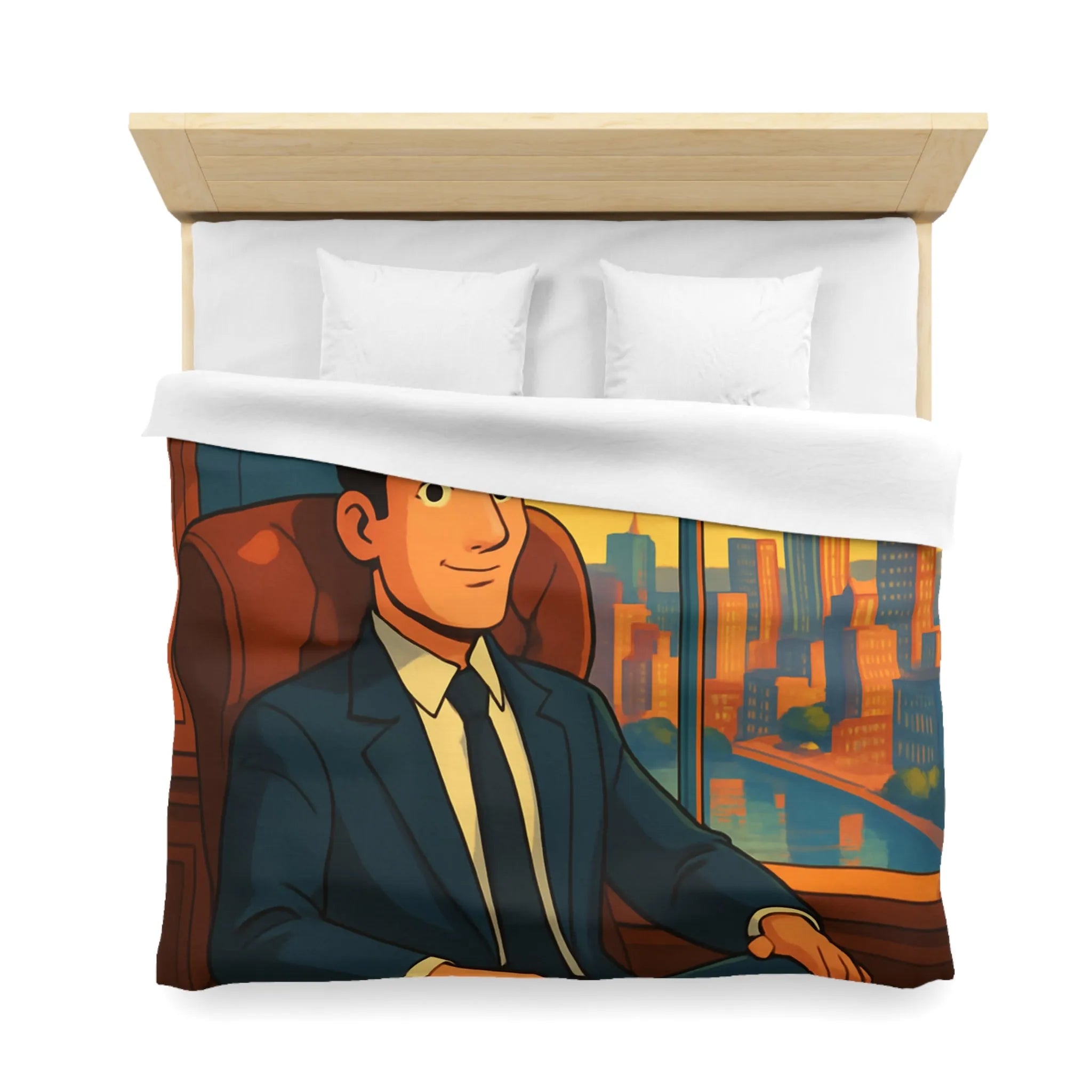 Élégante housse de couette avec homme d'affaires et horizon urbain stylisé en coucher de soleil