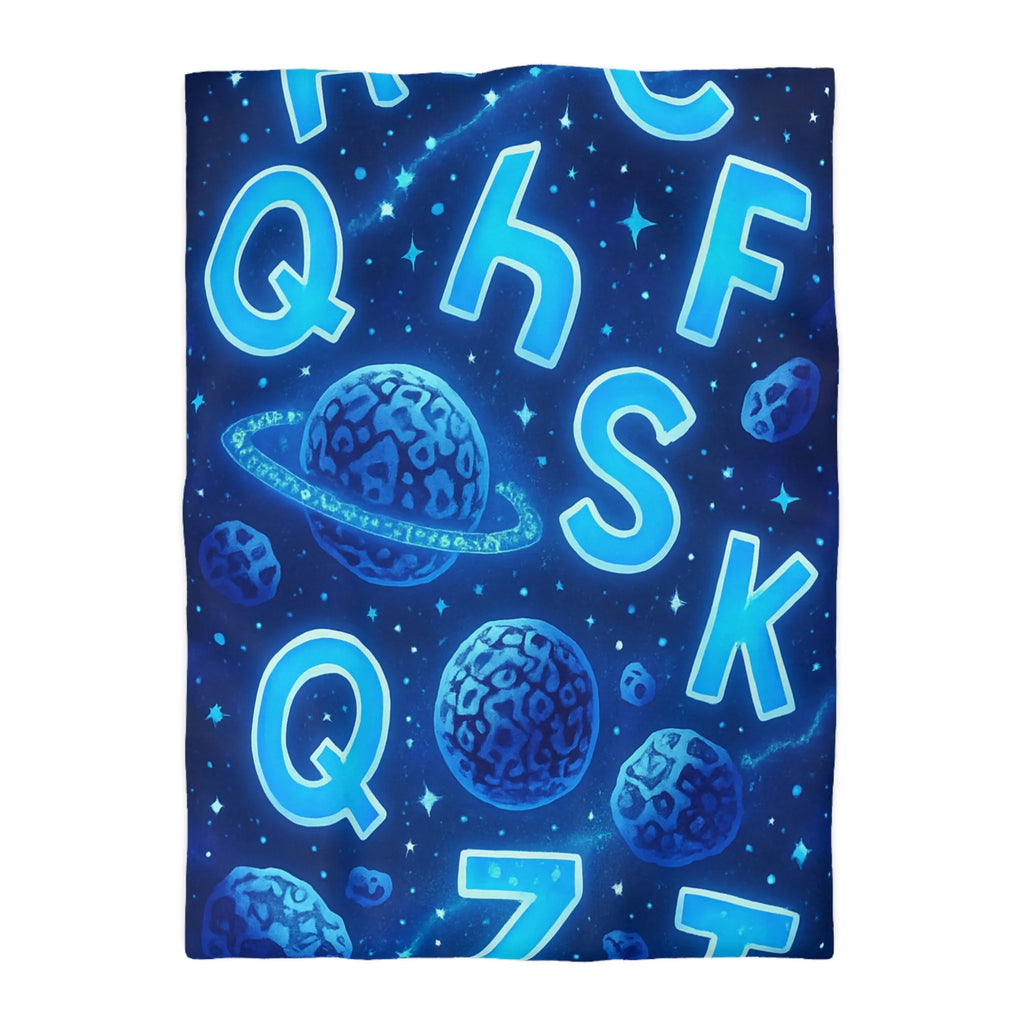 Alphabet bleuté interstellaire sur housse de couette planètes et étoiles pour décoration spatiale