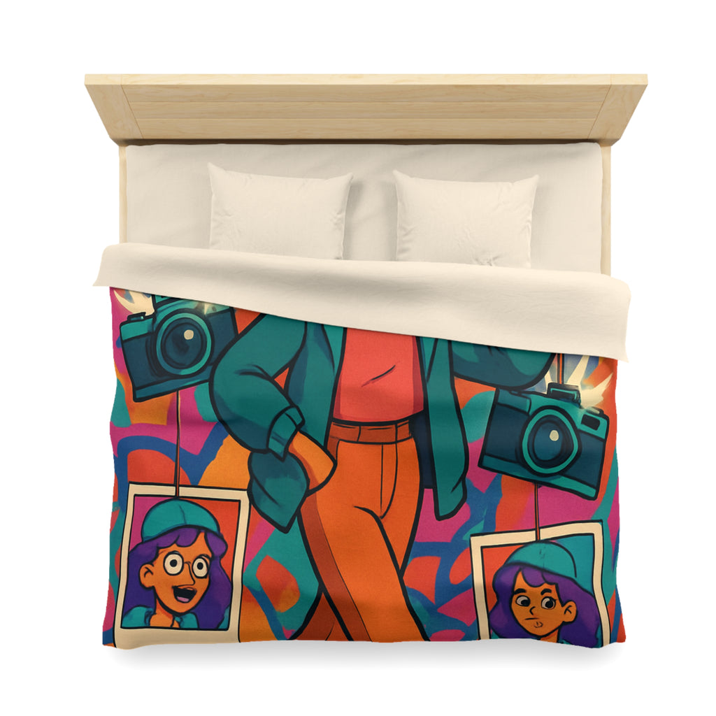 Housse de couette vivante avec personnage stylé marchant dans ambiance artistique colorée et ludique