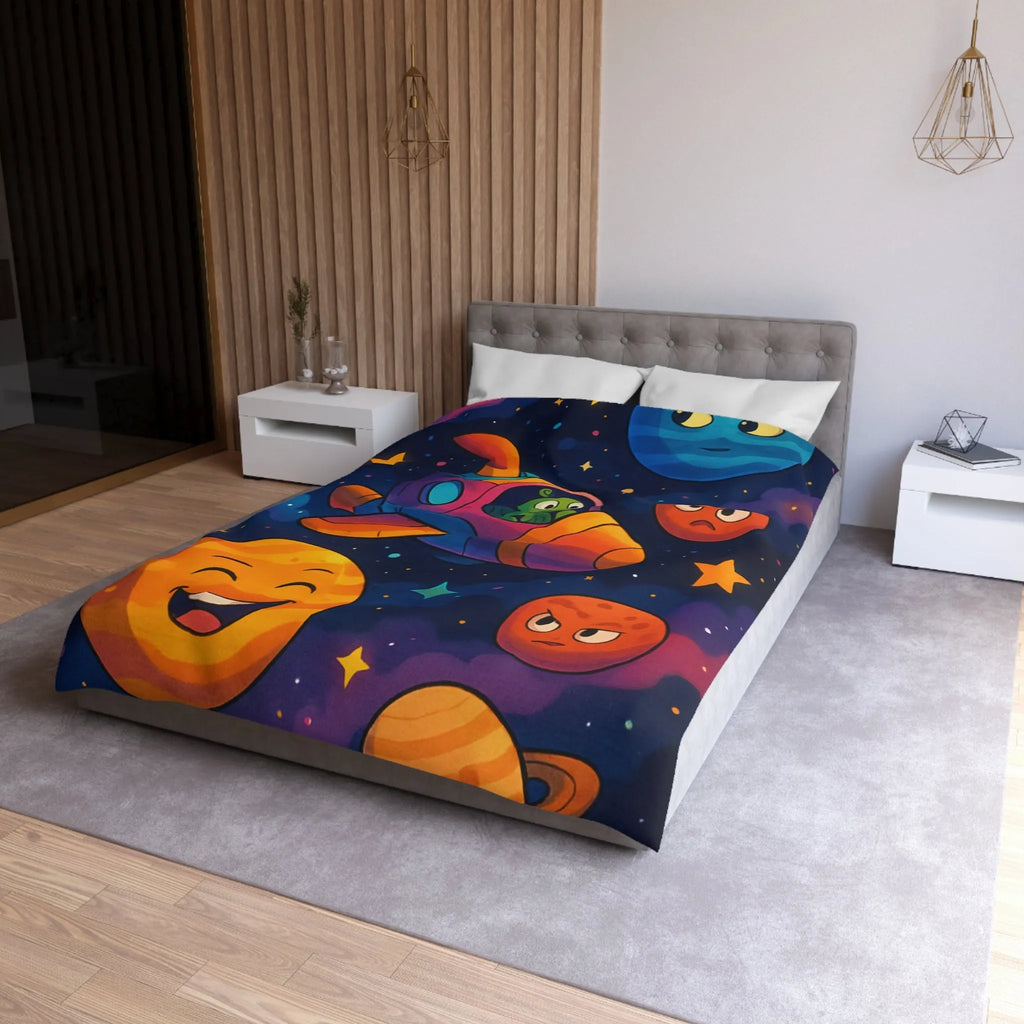 Housse de couette enfant cosmos coloré avec planètes amusantes et fusée extraterrestre