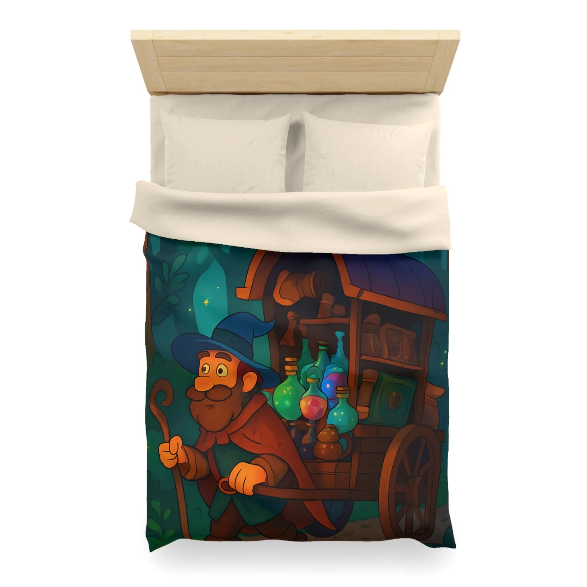 Housse de couette enchantée avec chariot de potions et créatures fantastiques