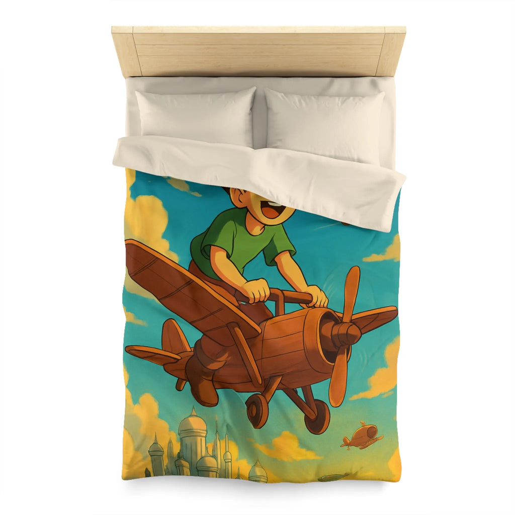 Aventure enfantine avec avion en bois survolant palais nuageux au coucher du soleil