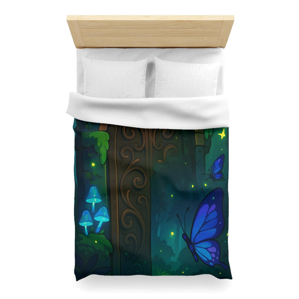 Housse de couette magique bleu papillons et porte en bois mystérieuse forêt enchantée