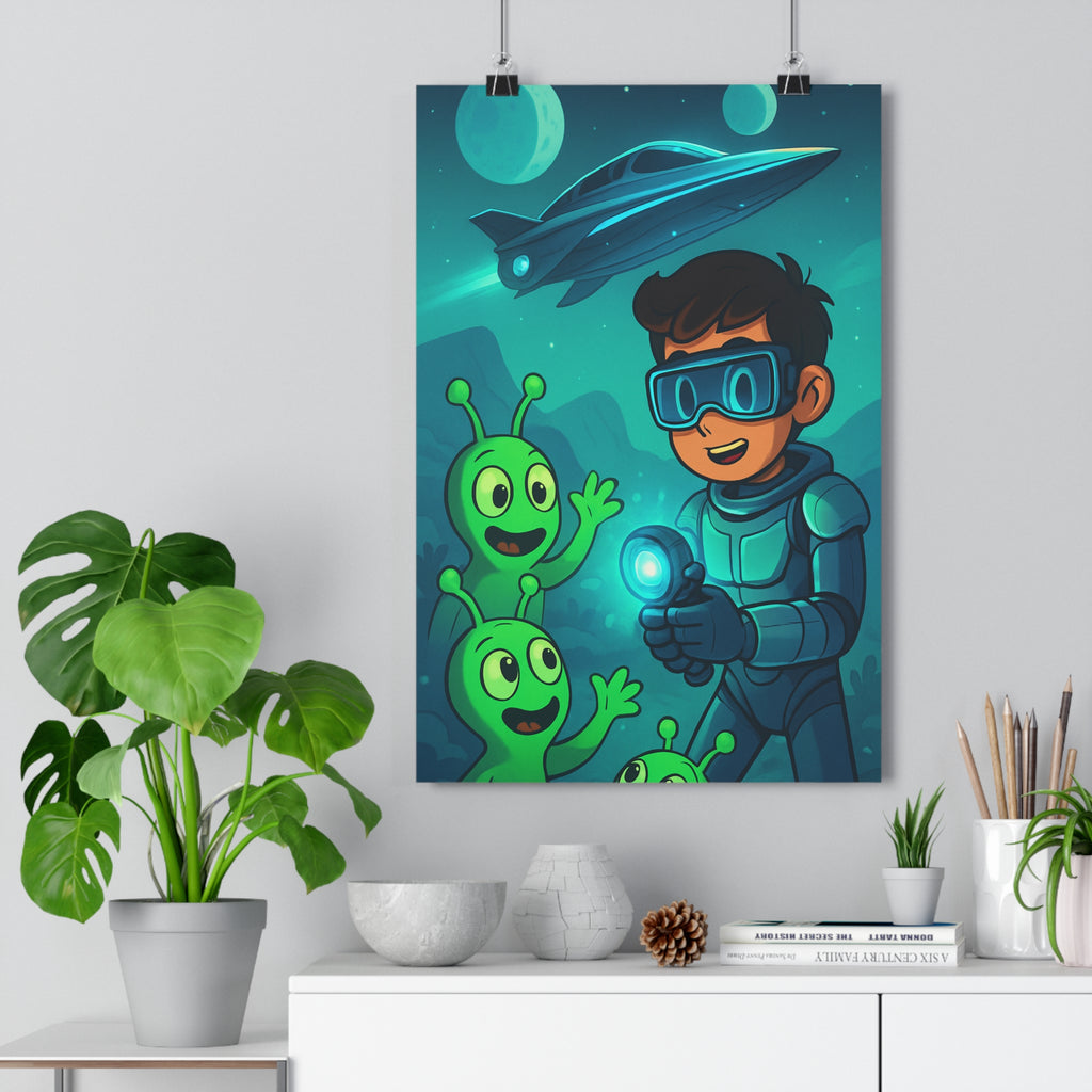 Poster décoratif coloré futuriste aventure explorateur cartoon chambre enfant extraterrestre ciel étoilé illustration joyeuse