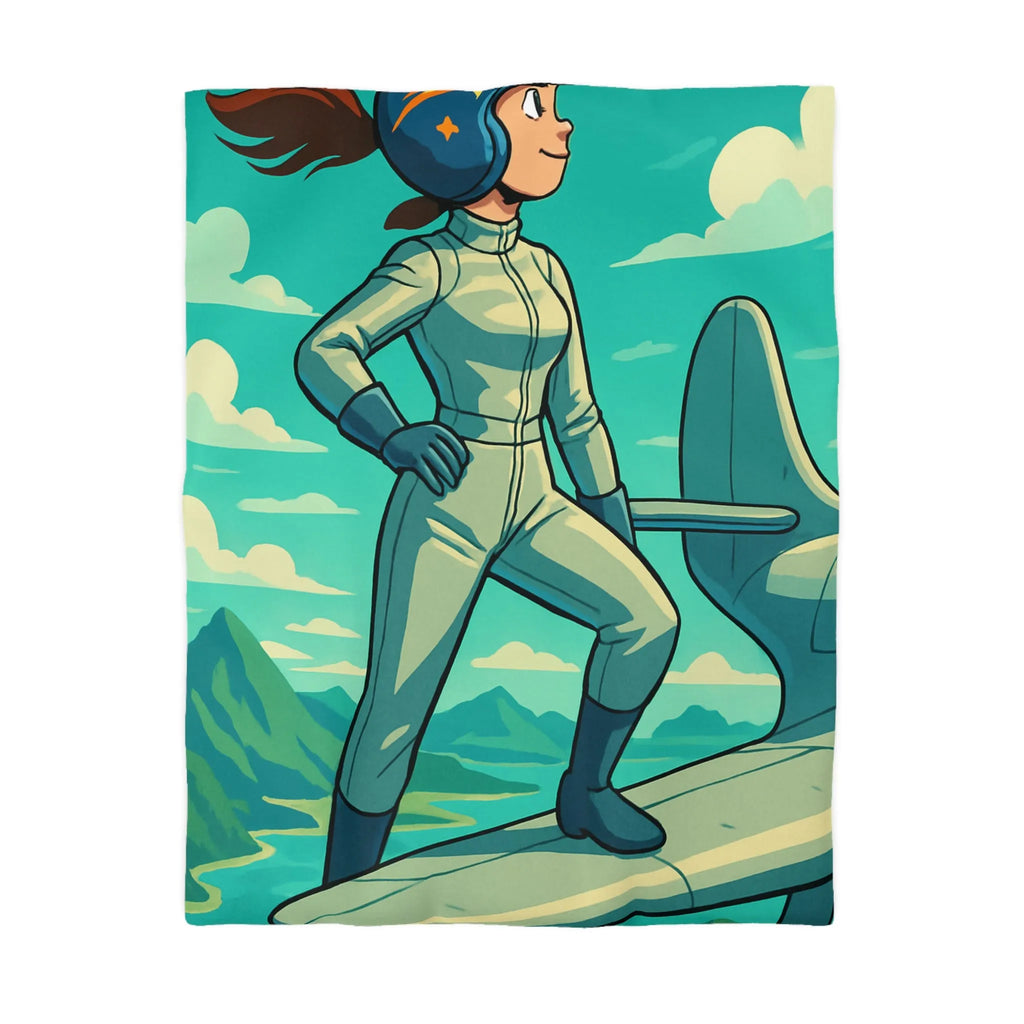 Housse de couette aventure rêveuse pour chambre avec pilote et avion paysage fantastique