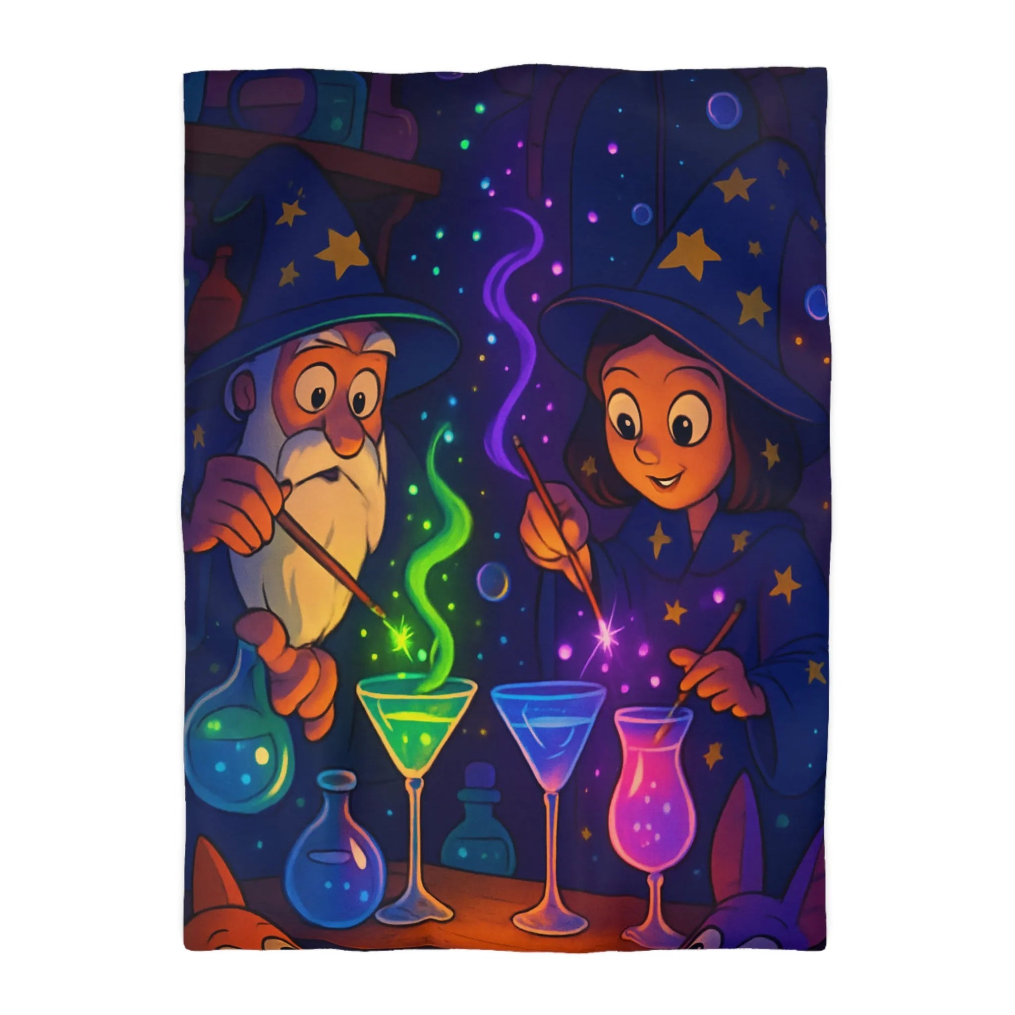 Housse de couette magique avec sorciers et potions dans un atelier enchanteur