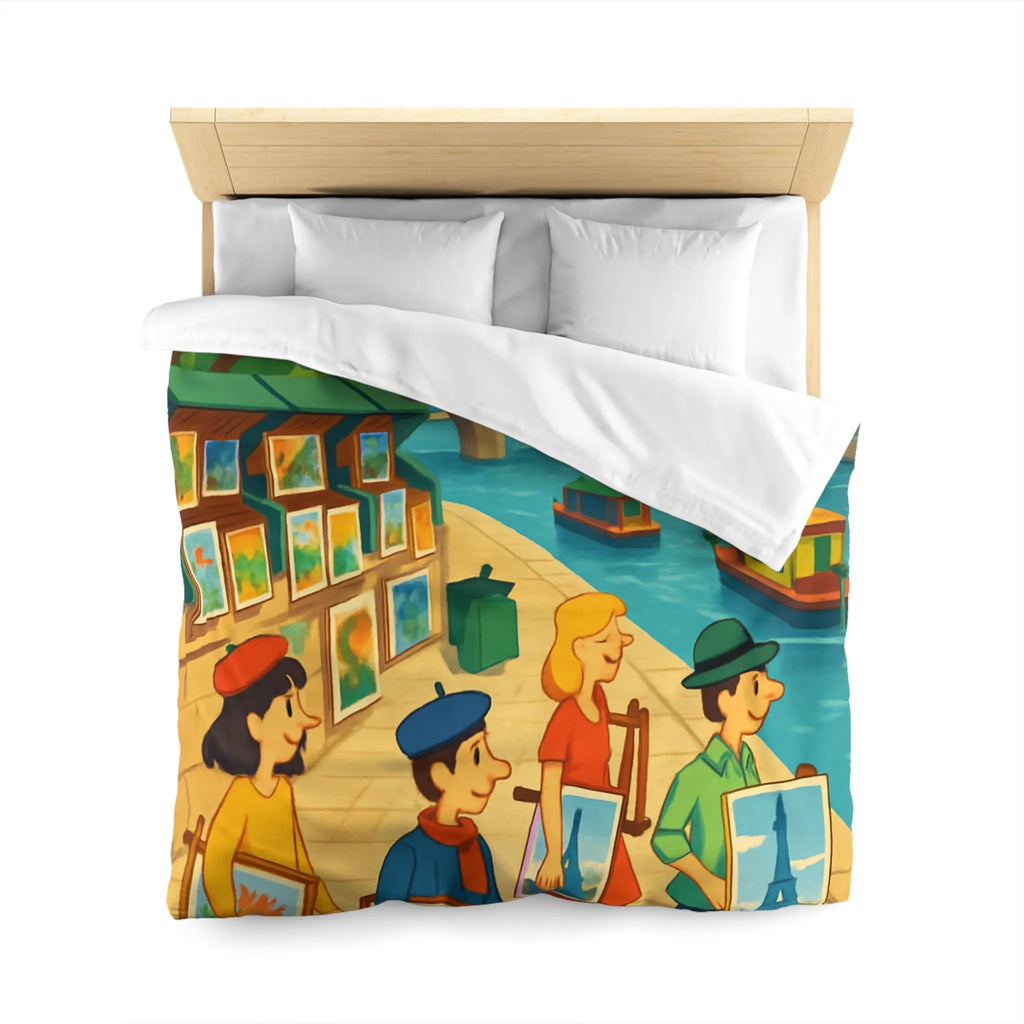 Housse de couette artistique thème parisien avec scènes de quai colorées et peintres joyeux