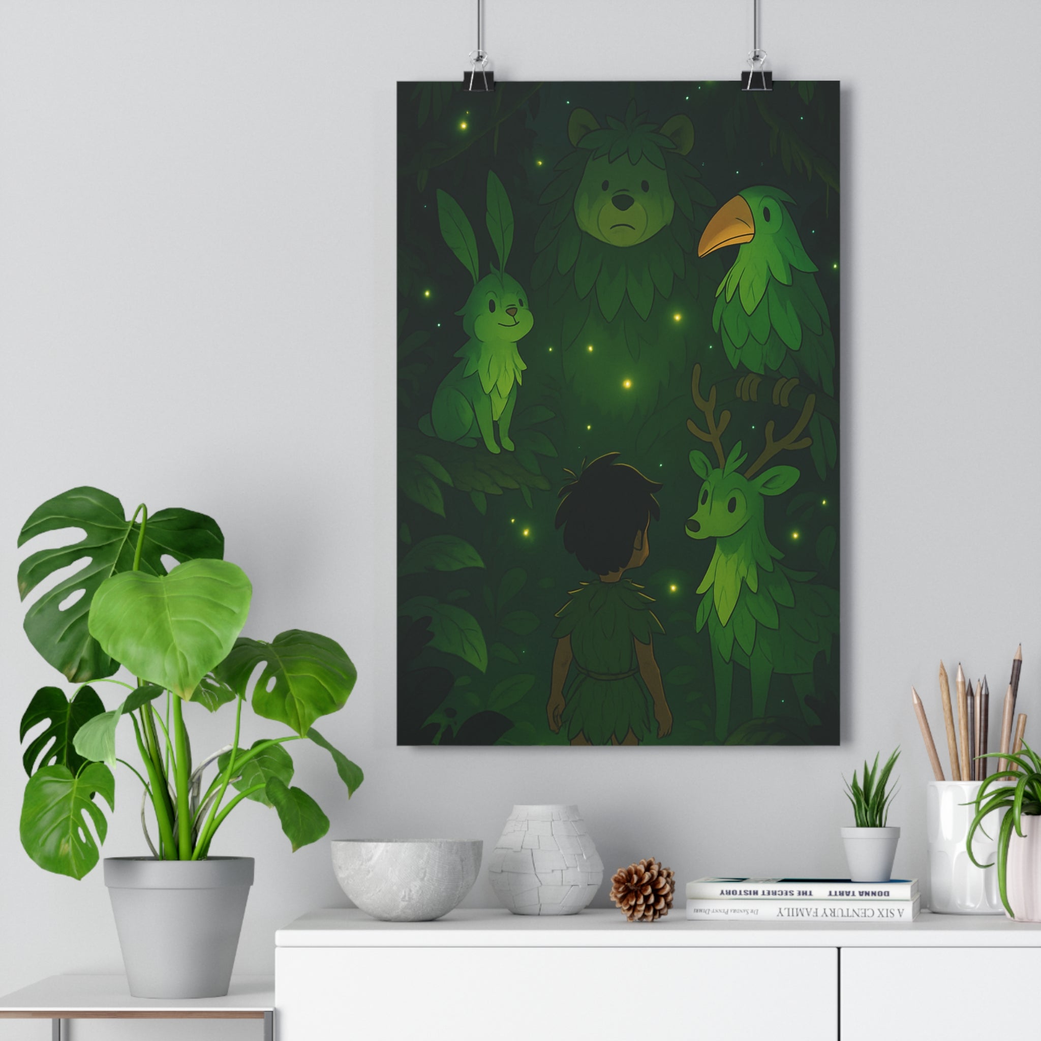 Poster décoratif vert forêt tropicale enfant animaux mystique enchantée illustration chambre aventure nature rêve
