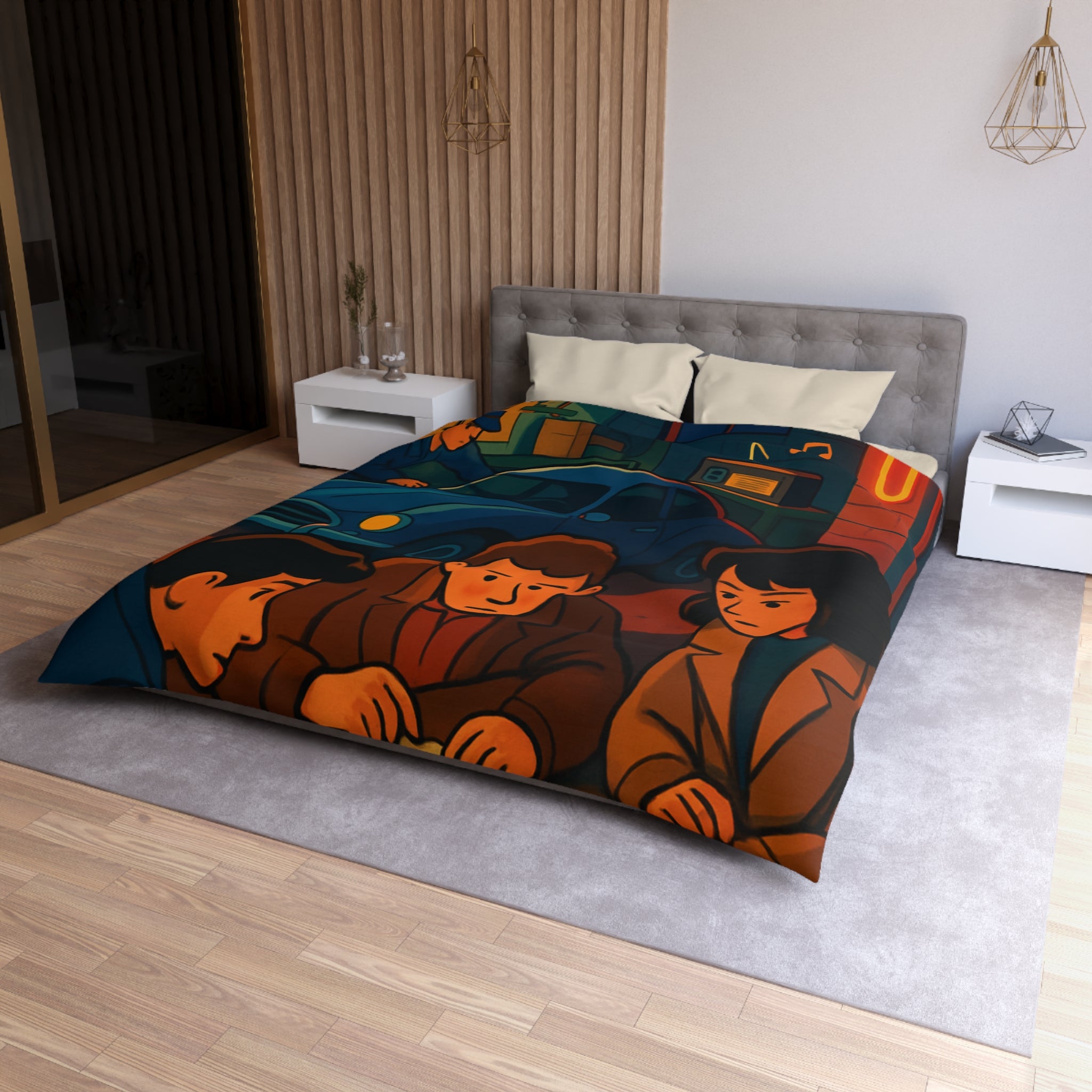 Housse de couette vintage ambiance atelier auto avec carte et personnages concentrés