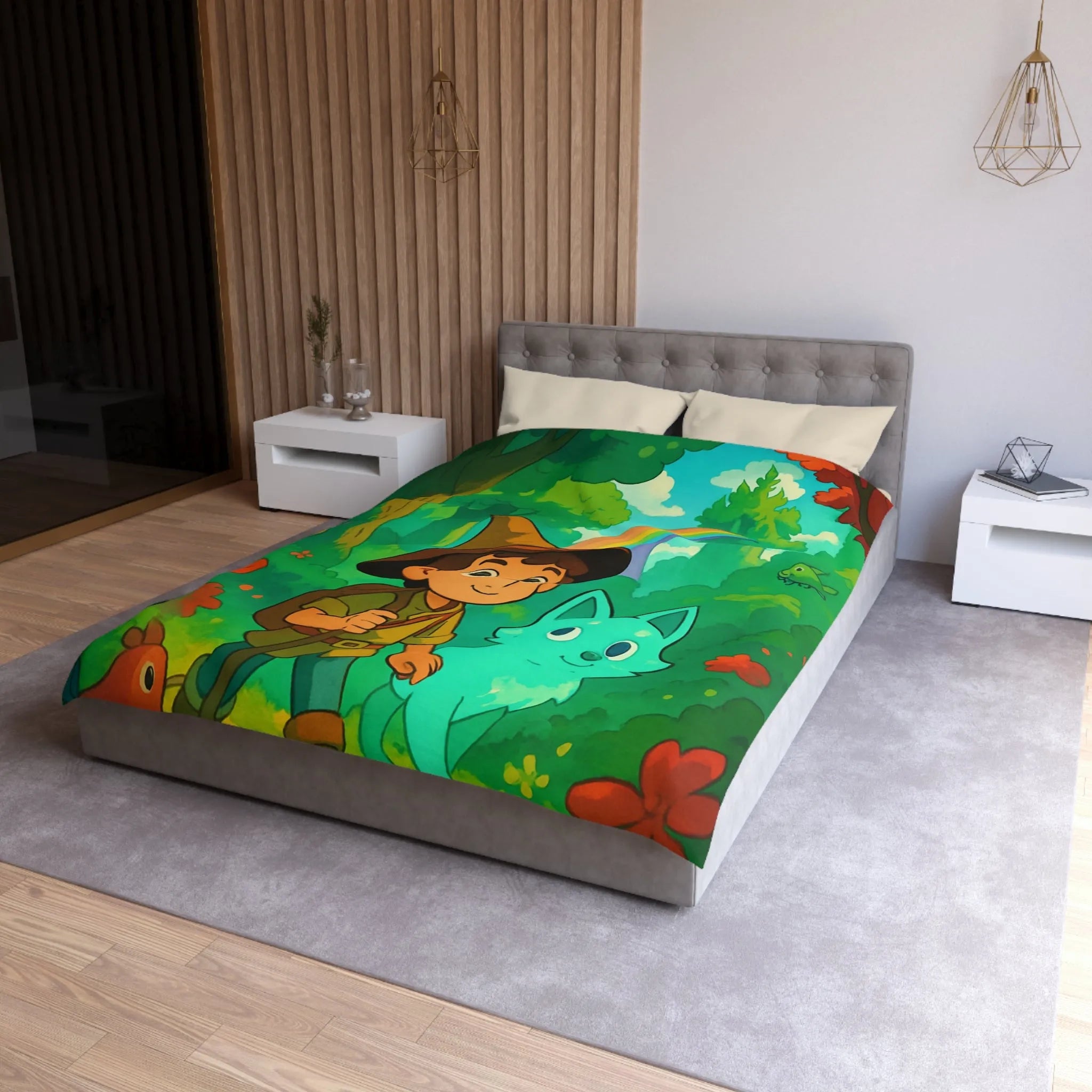 Housse de Couette Enfant avec Petit Sorcier et Animal Magique sous Arc-en-ciel