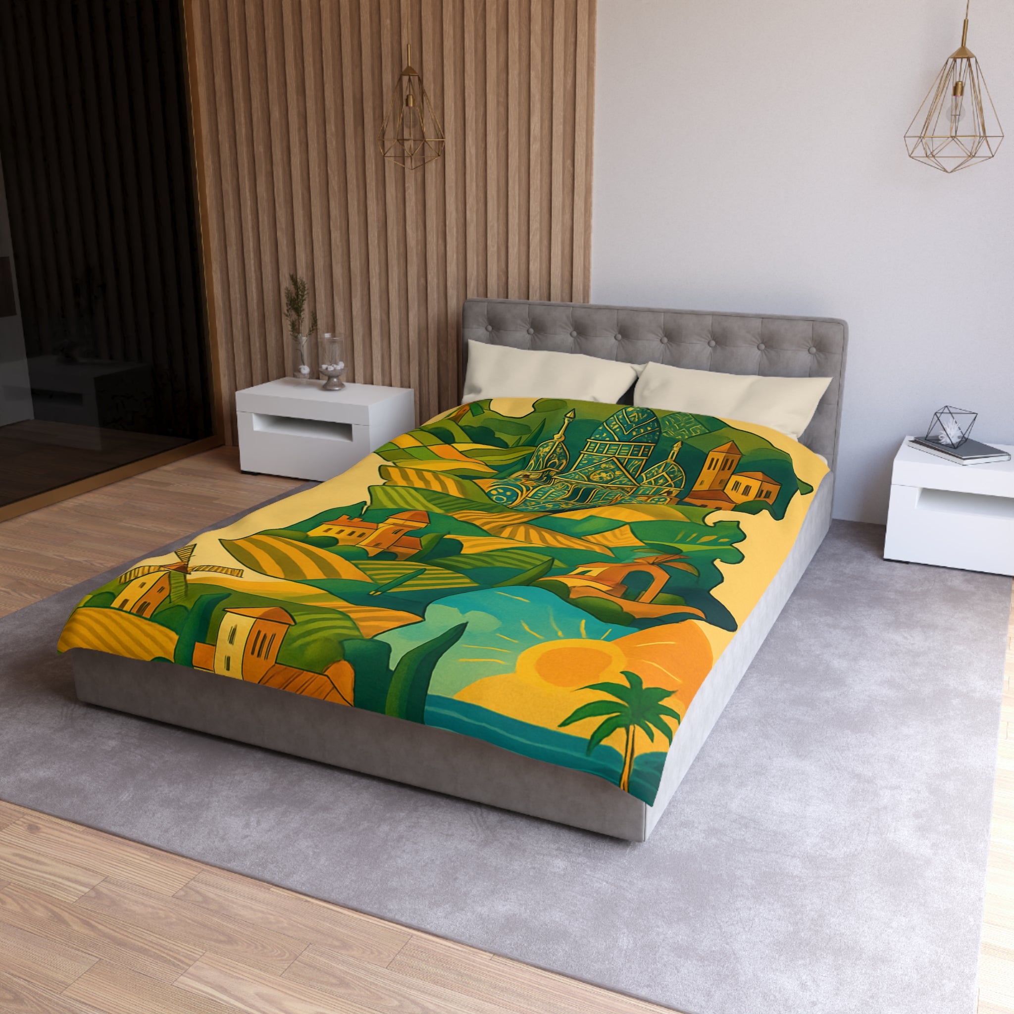 Housse de Couette Paysage France Vintage Coloré avec Monuments, Champs et Soleil