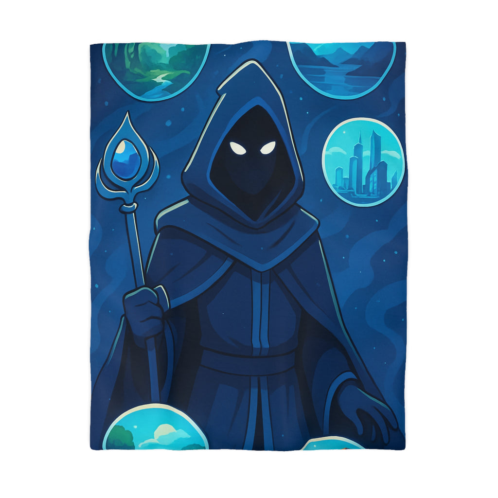 Housse de couette mystique avec sorcier et paysages fantastiques pour chambre à thème magique